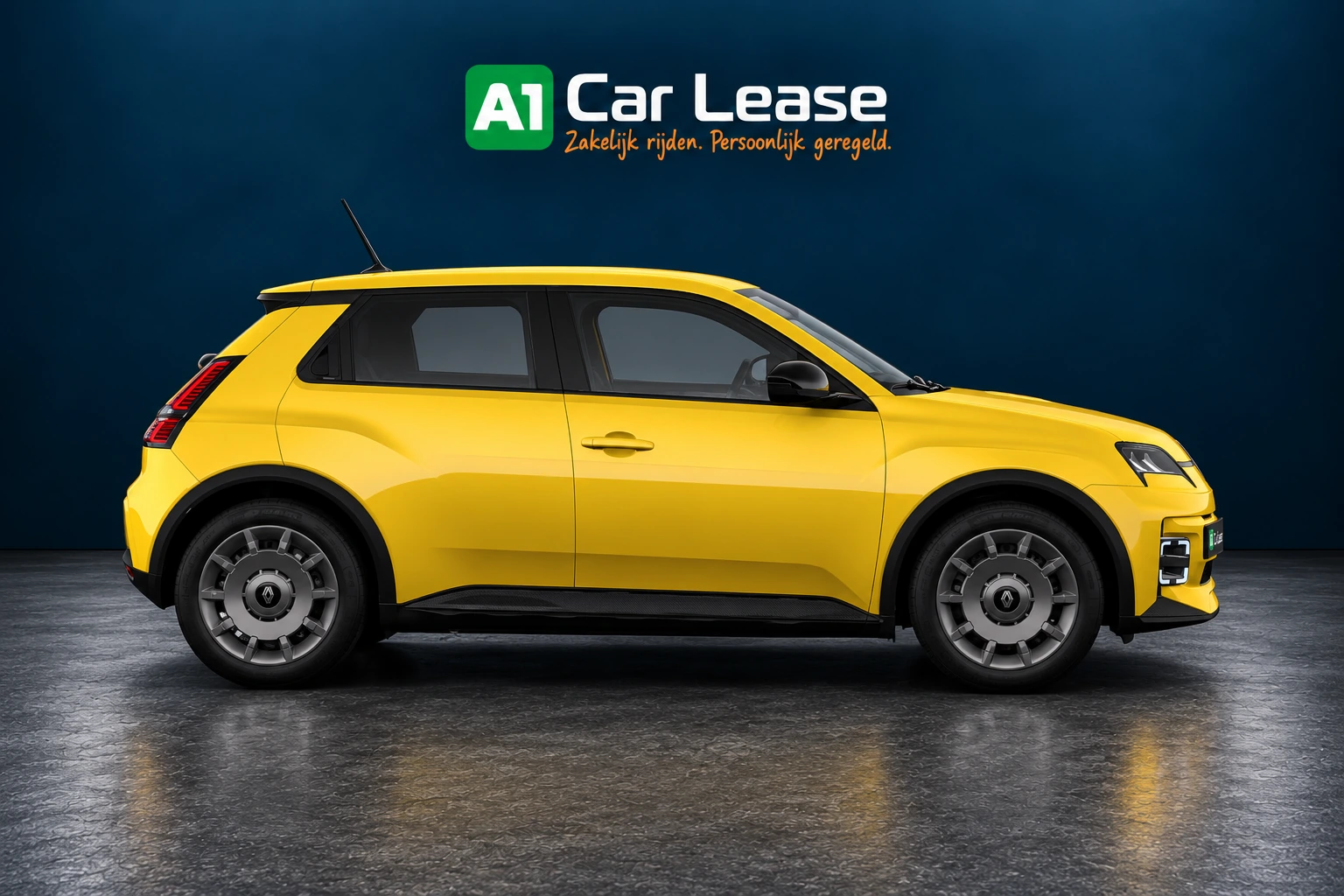 Renault 5 evolution 120 pk in Jaune pop!, linksvoor – digitale studio-impressie
