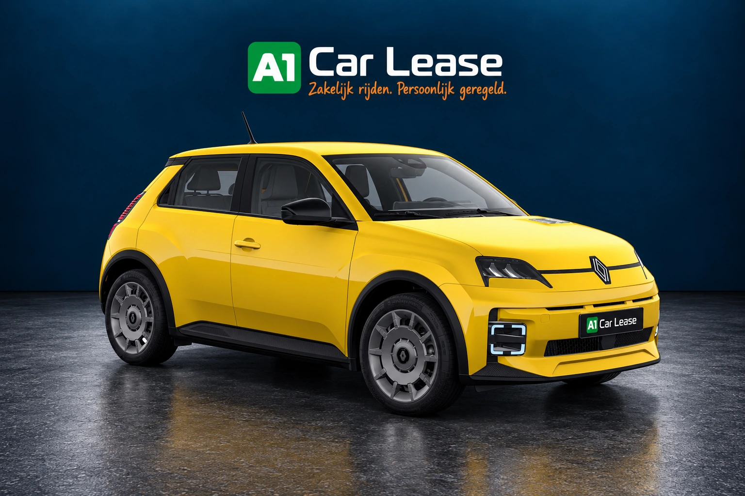 Renault 5 evolution 120 pk in Jaune pop!, linksvoor – digitale studio-impressie