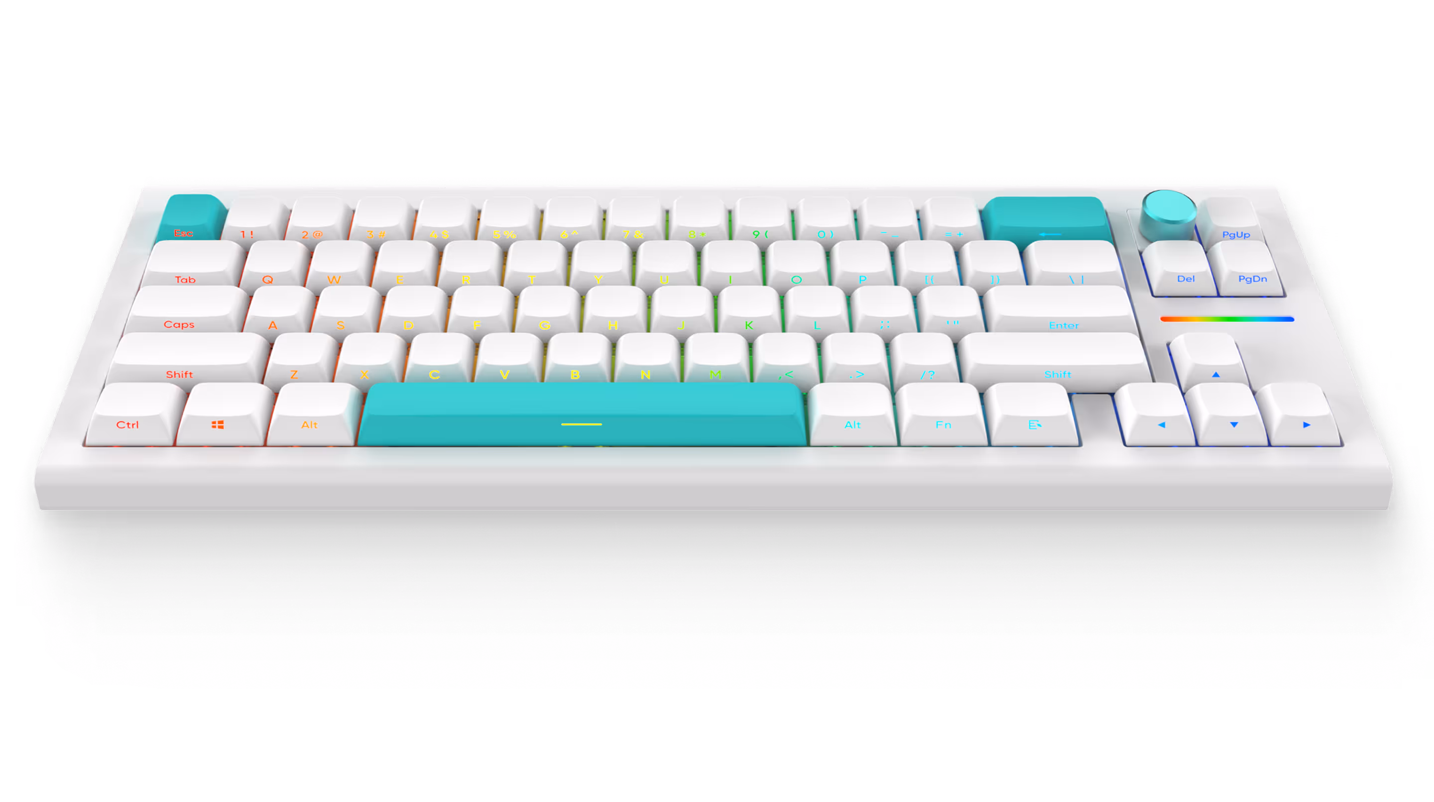 White mechanical keyboard with teal escape key, spacebar, and enter key, featuring illuminated pastel-colored legends and a volume knob.