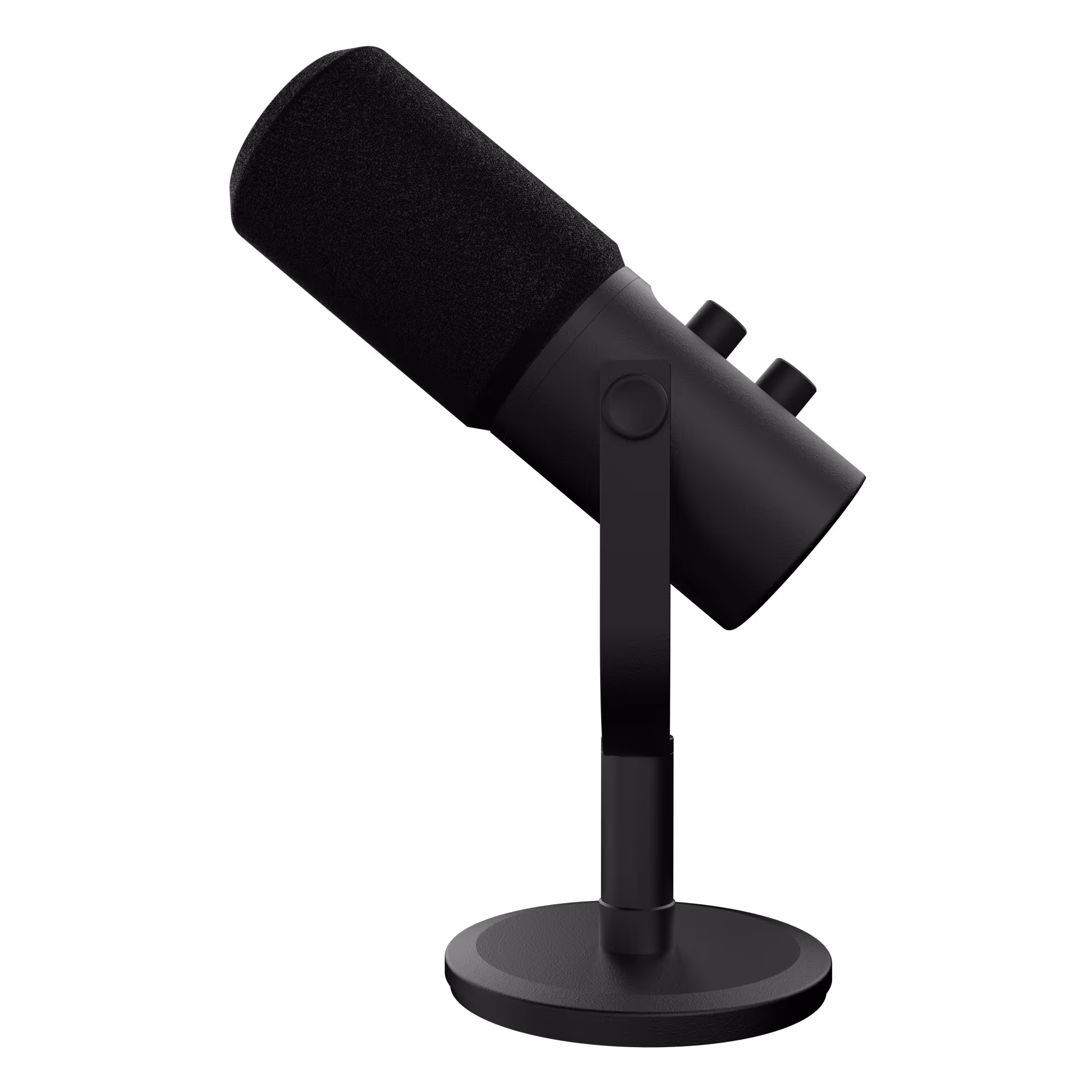 Black desktop microphone with foam cover on an adjustable stand against a black background.
