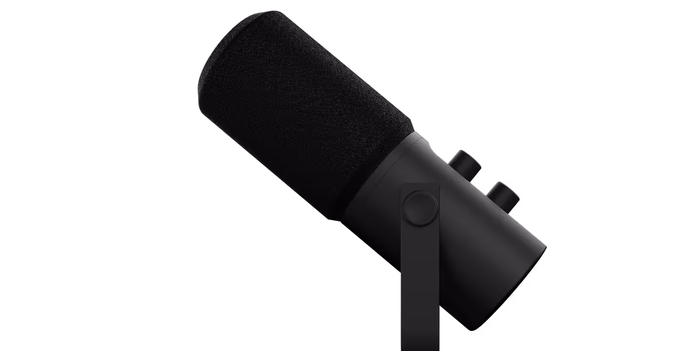 Black professional studio microphone with foam windscreen and adjustable stand against a black background.