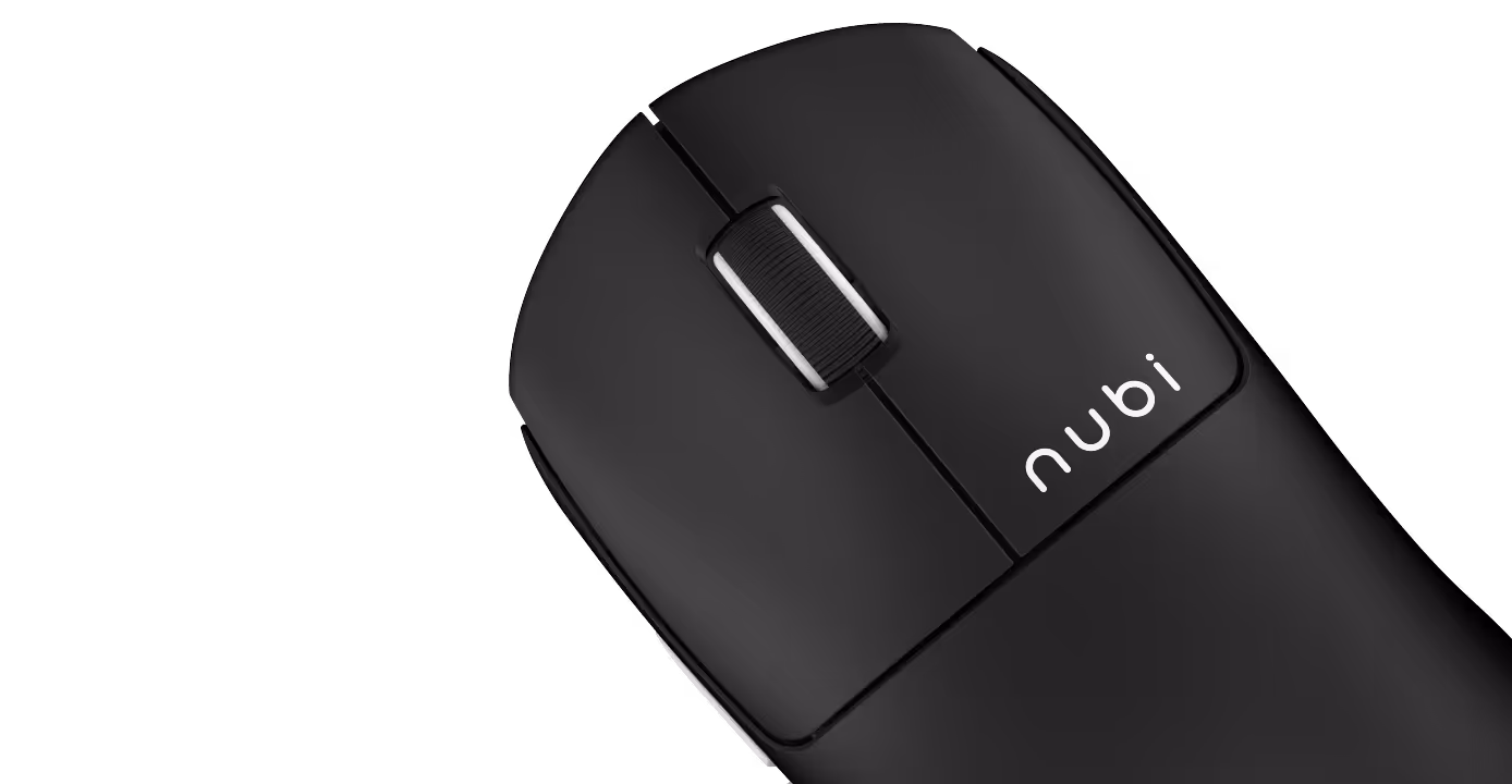 Black wireless computer mouse with a scroll wheel and the brand name 'nubi' printed in white.