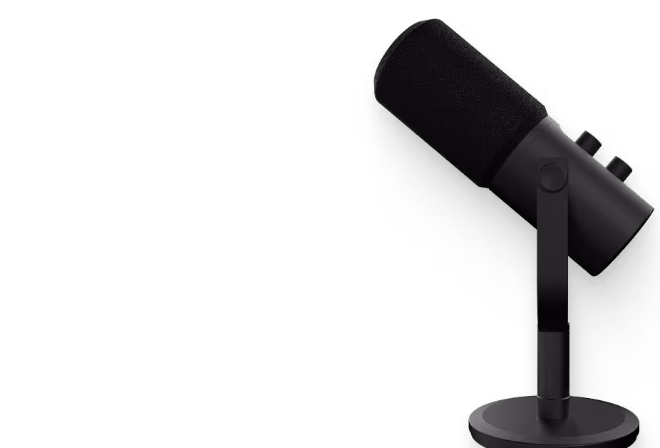Black desktop microphone with foam windscreen mounted on an adjustable stand.