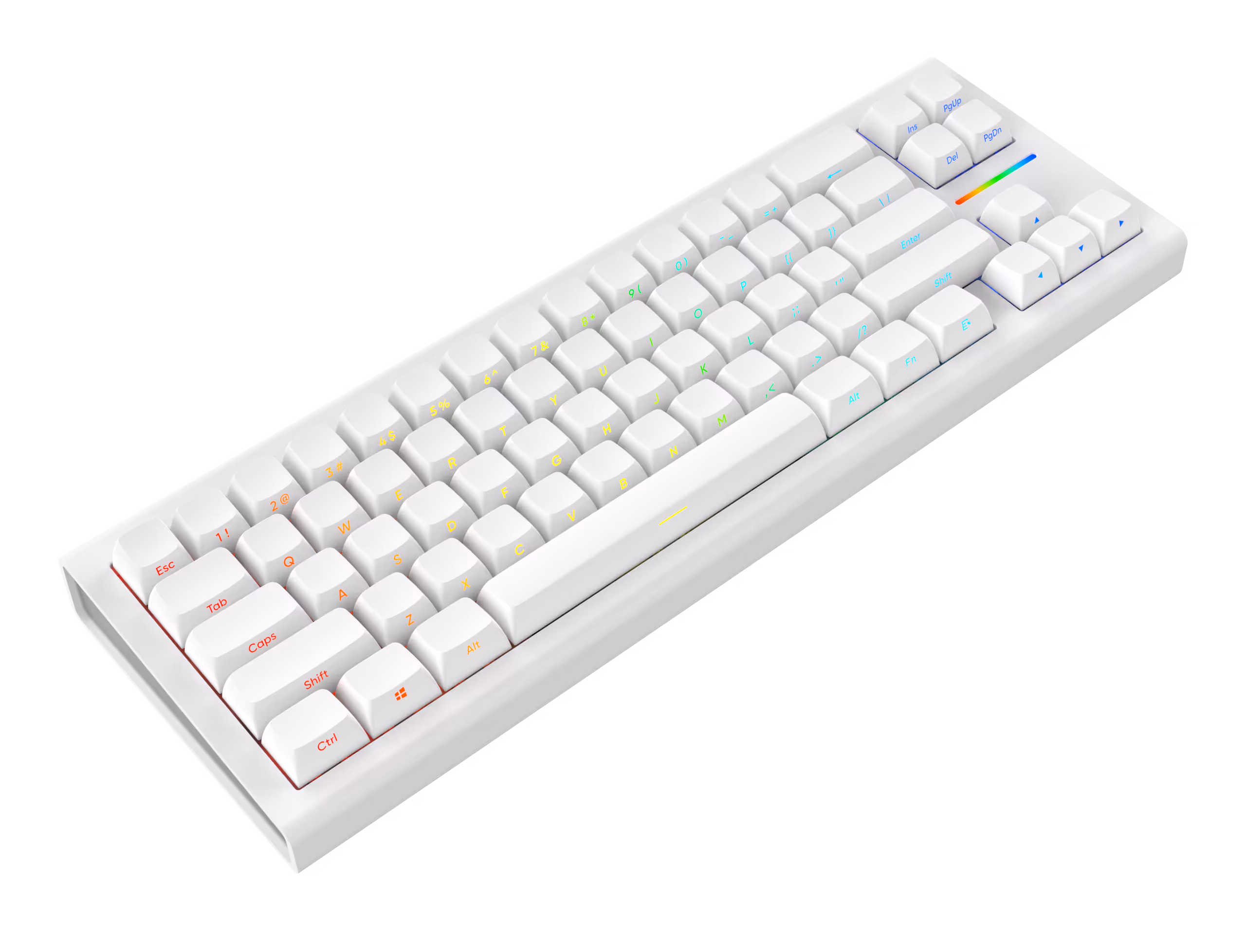 White computer keyboard with multicolored backlit keys and a compact layout including arrow keys and function row.