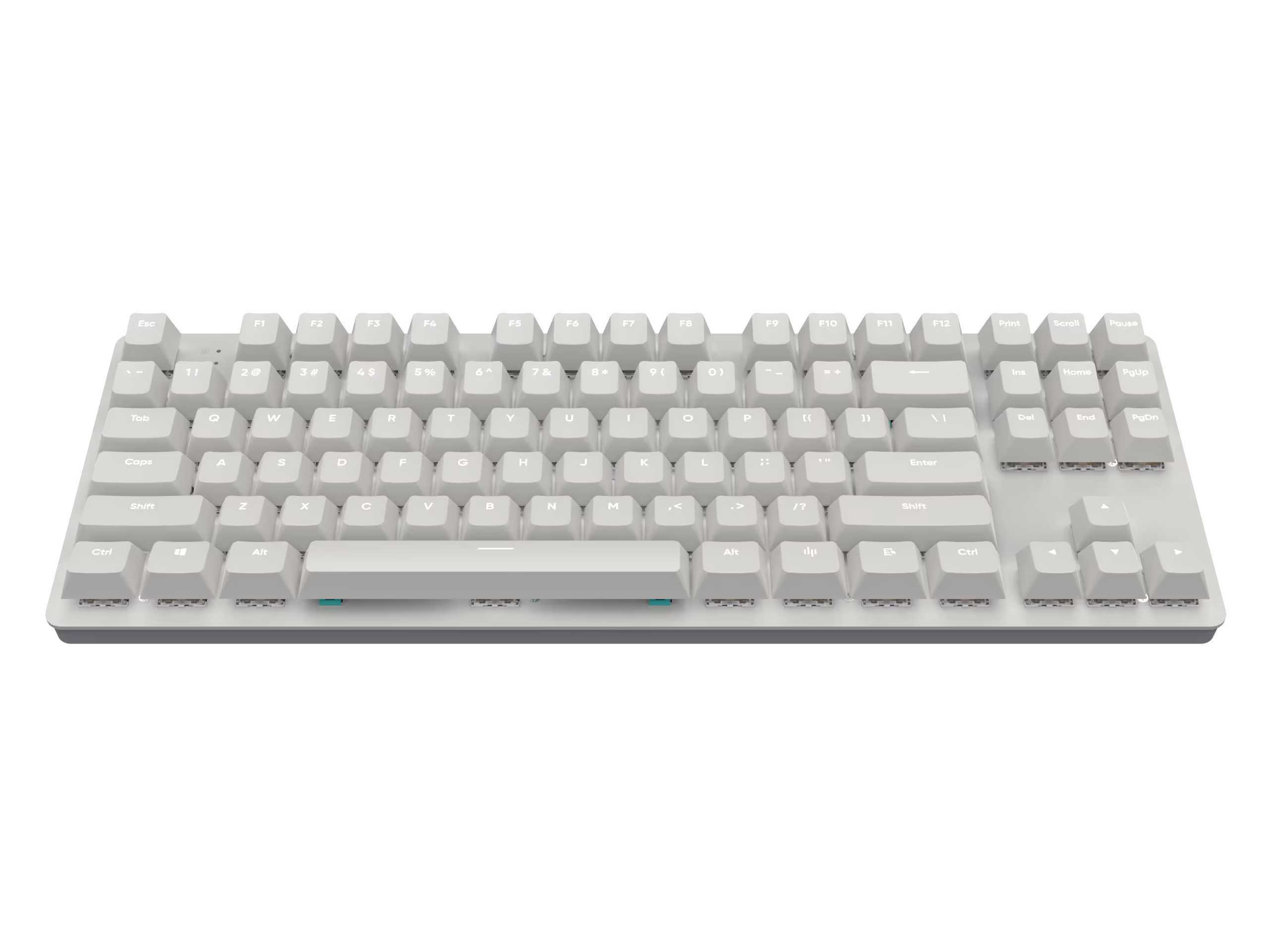 Compact white mechanical keyboard with full function keys and arrow keys.