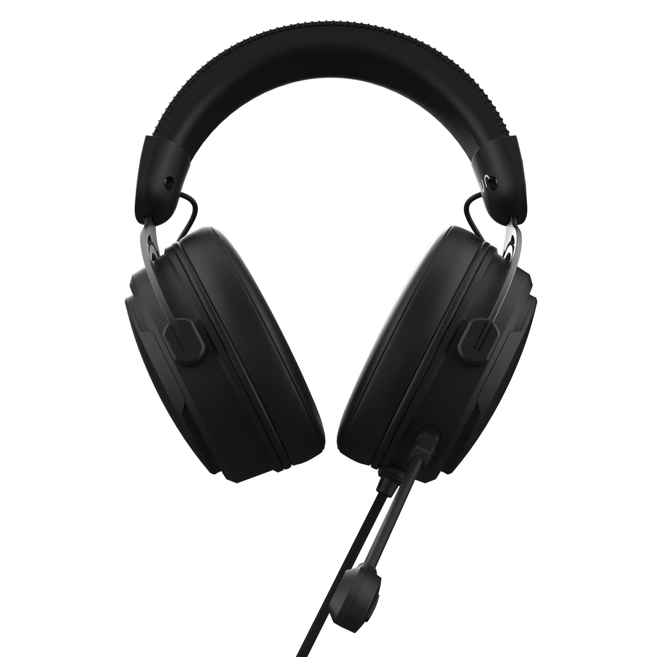 Black over-ear gaming headset with a padded headband and attached adjustable microphone.