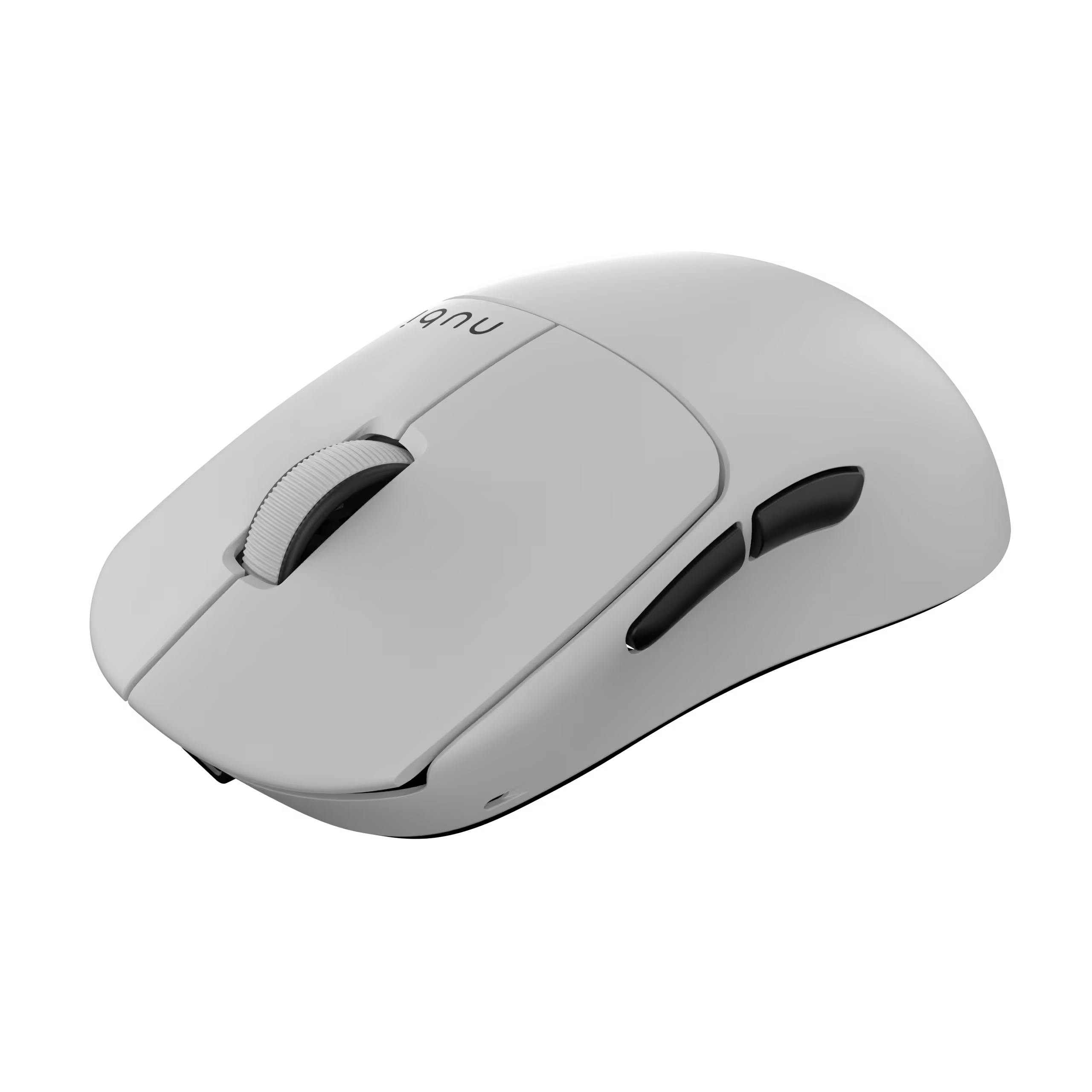 Light gray wireless computer mouse with black side buttons and textured scroll wheel.