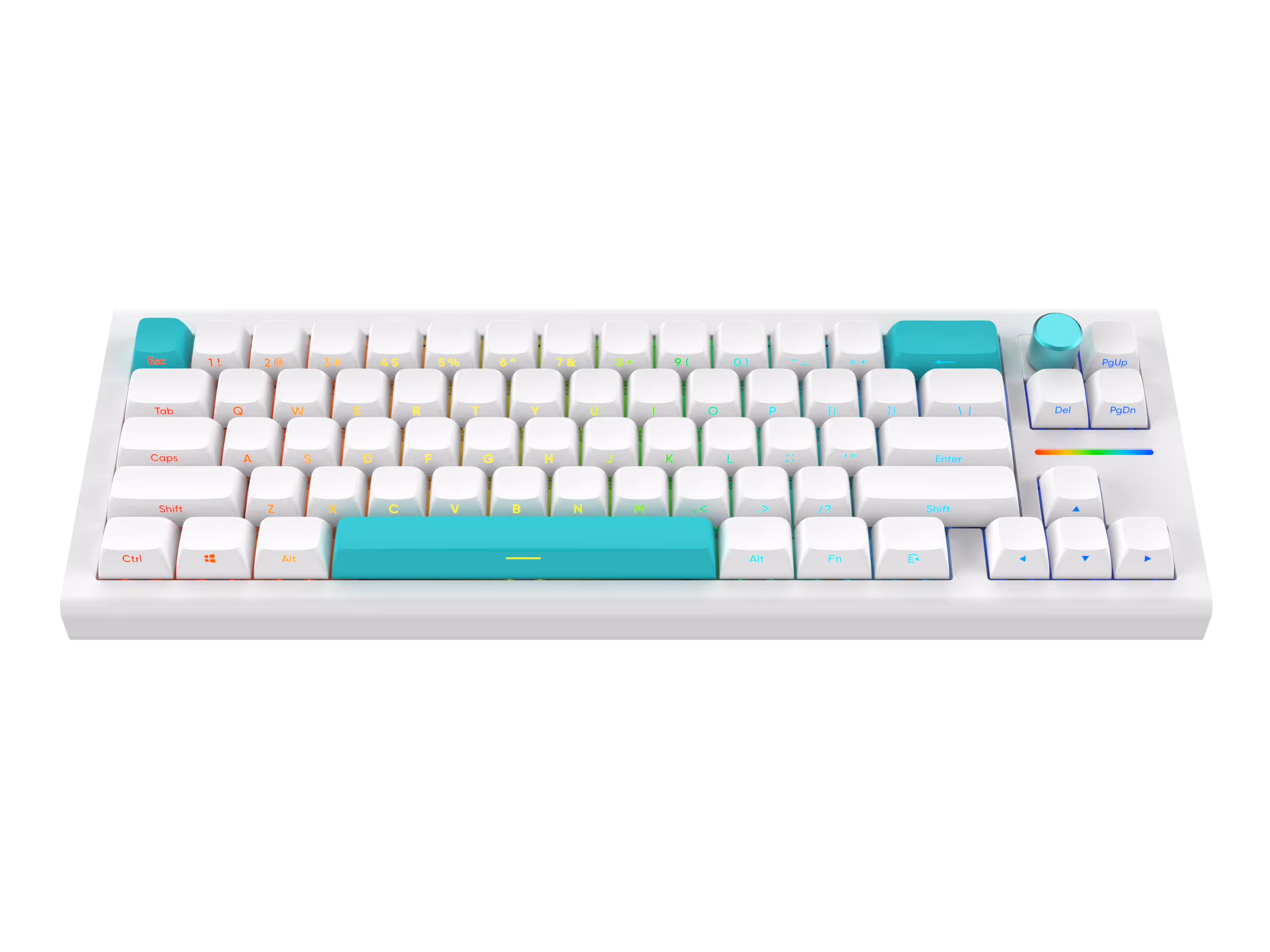 White mechanical keyboard with colorful backlit keys and turquoise keycaps on the Escape, spacebar, and right Shift keys.