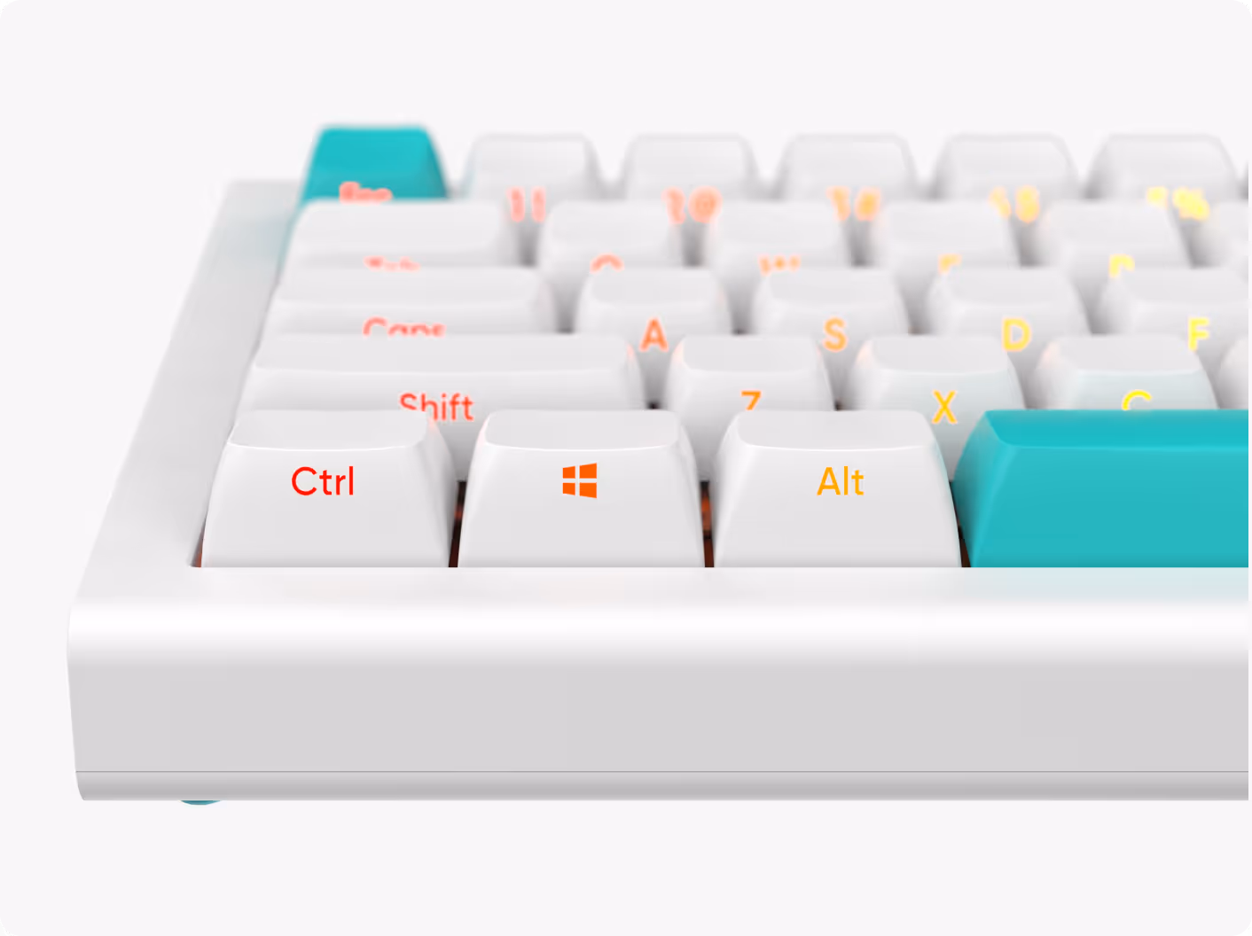 Close-up of a white mechanical keyboard's bottom left keys including Ctrl, Windows, and Alt, with turquoise keycaps on the Esc and Enter keys.