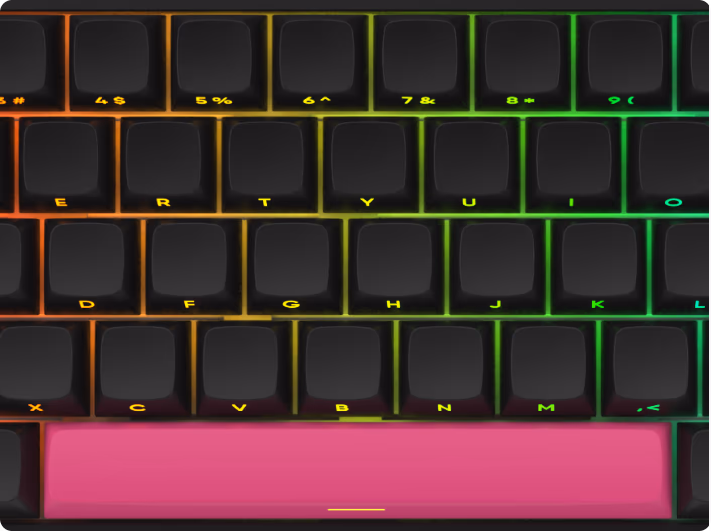 Close-up of a backlit computer keyboard with black keys and yellow letters, highlighted by rainbow LED lighting and a bright pink spacebar.