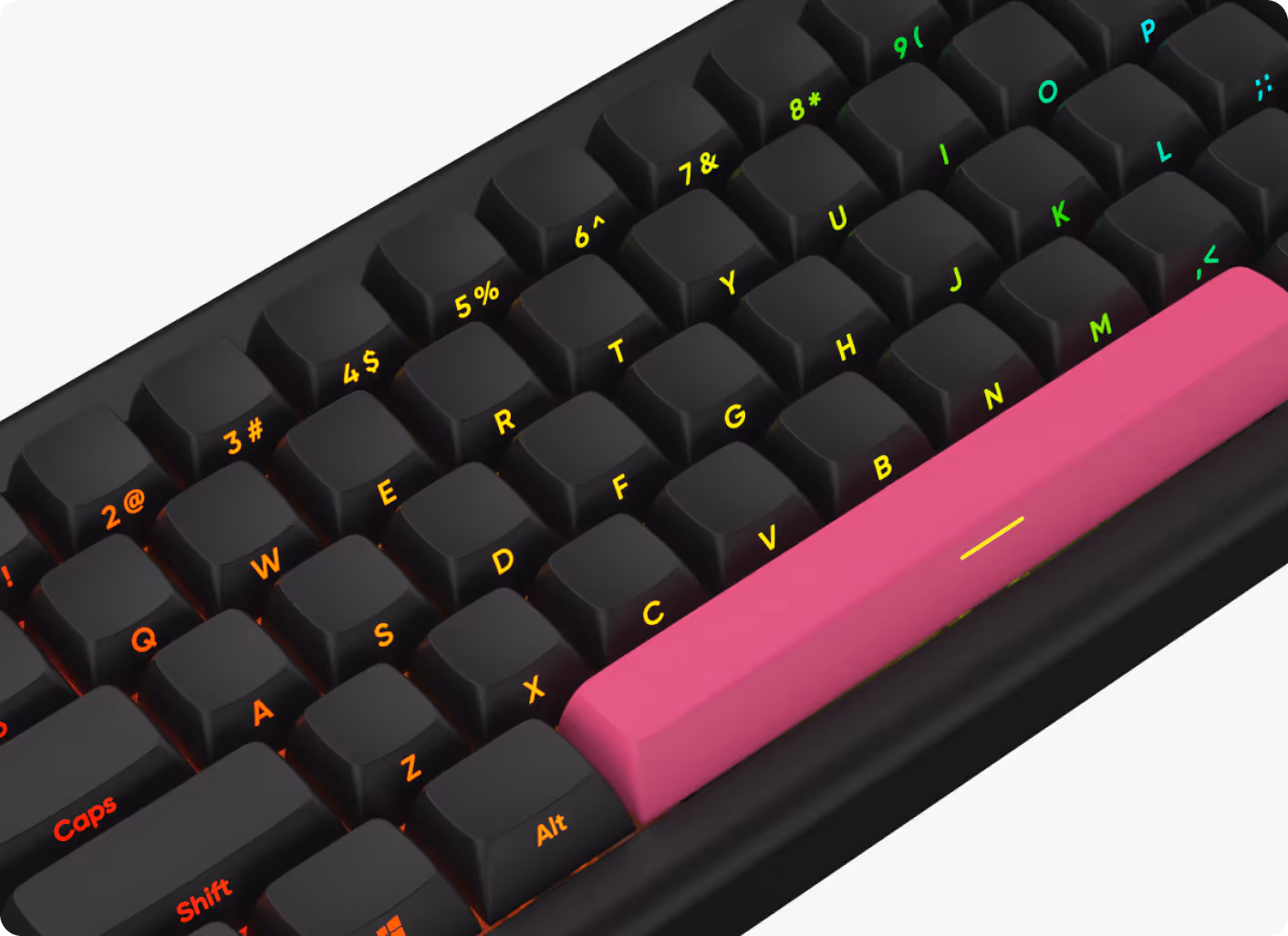 Black mechanical keyboard with multicolored backlit keys and a prominent pink spacebar.