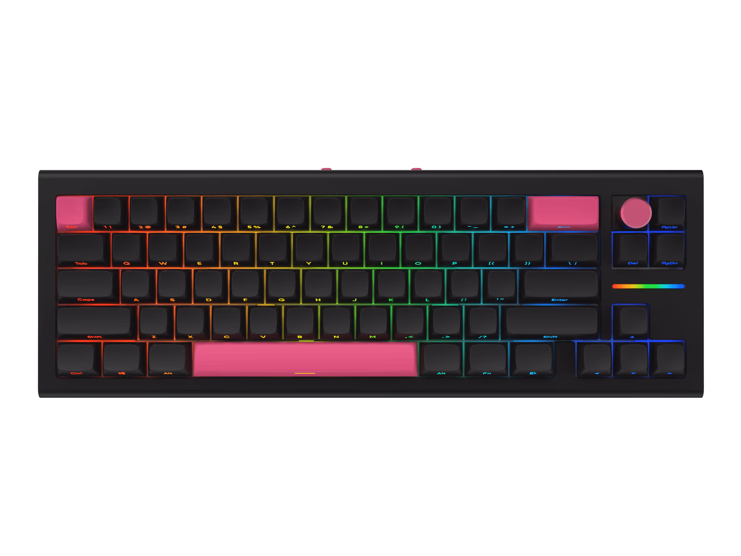 Mechanical keyboard with black keys and RGB backlighting in rainbow gradient, featuring pink keycaps on escape, spacebar, and enter keys, plus a pink control knob.