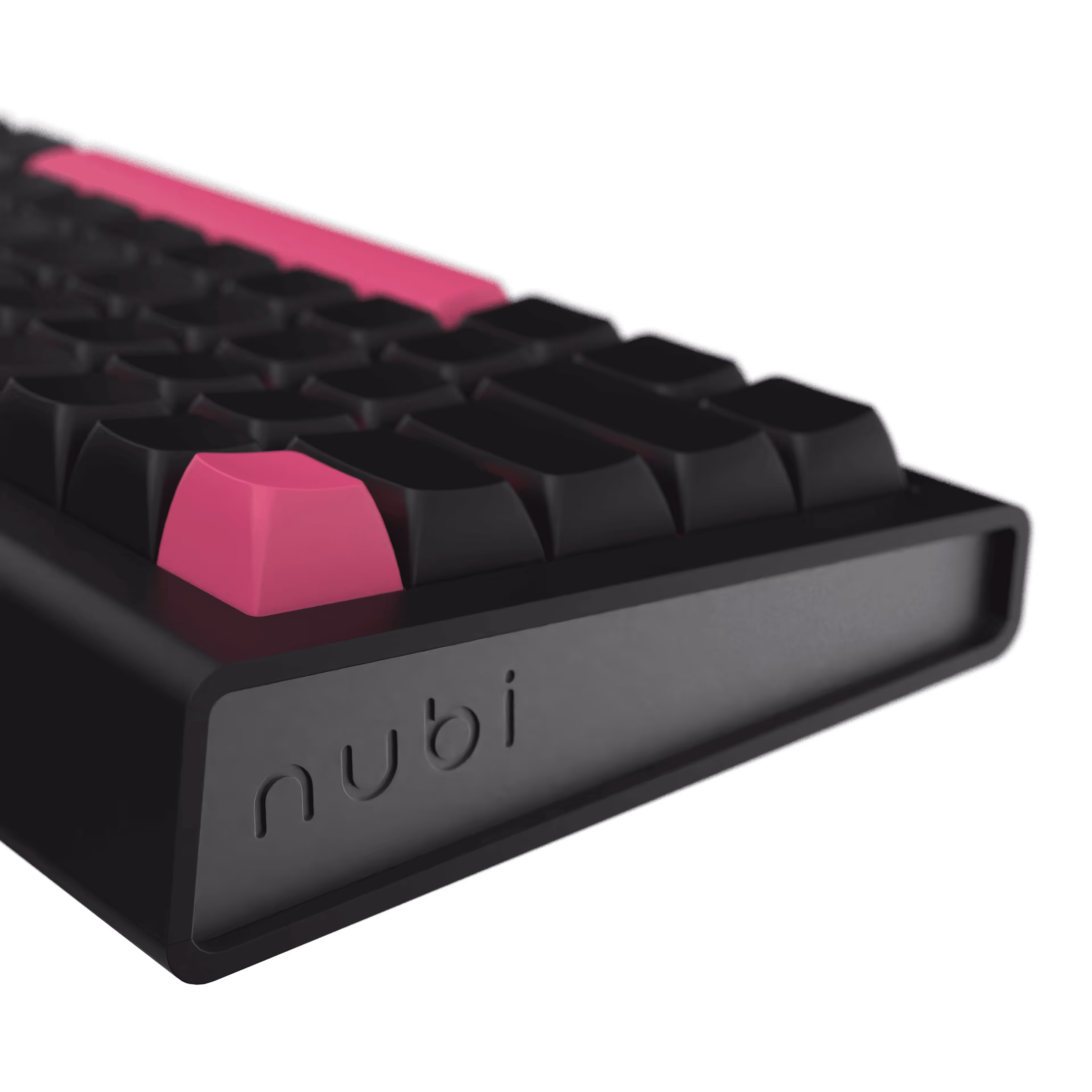 Close-up of a black Nubi wireless mechanical keyboard with pink keycaps on the escape and spacebar keys.