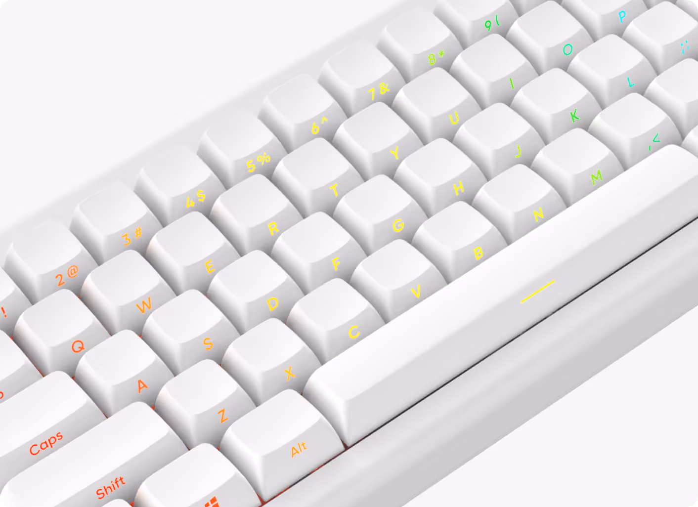 Close-up of a white mechanical keyboard showing keys Esc, F1, 1!, 2@, 3#, 4$, Tab, Caps, Q, W, E, A, S, and Z.
