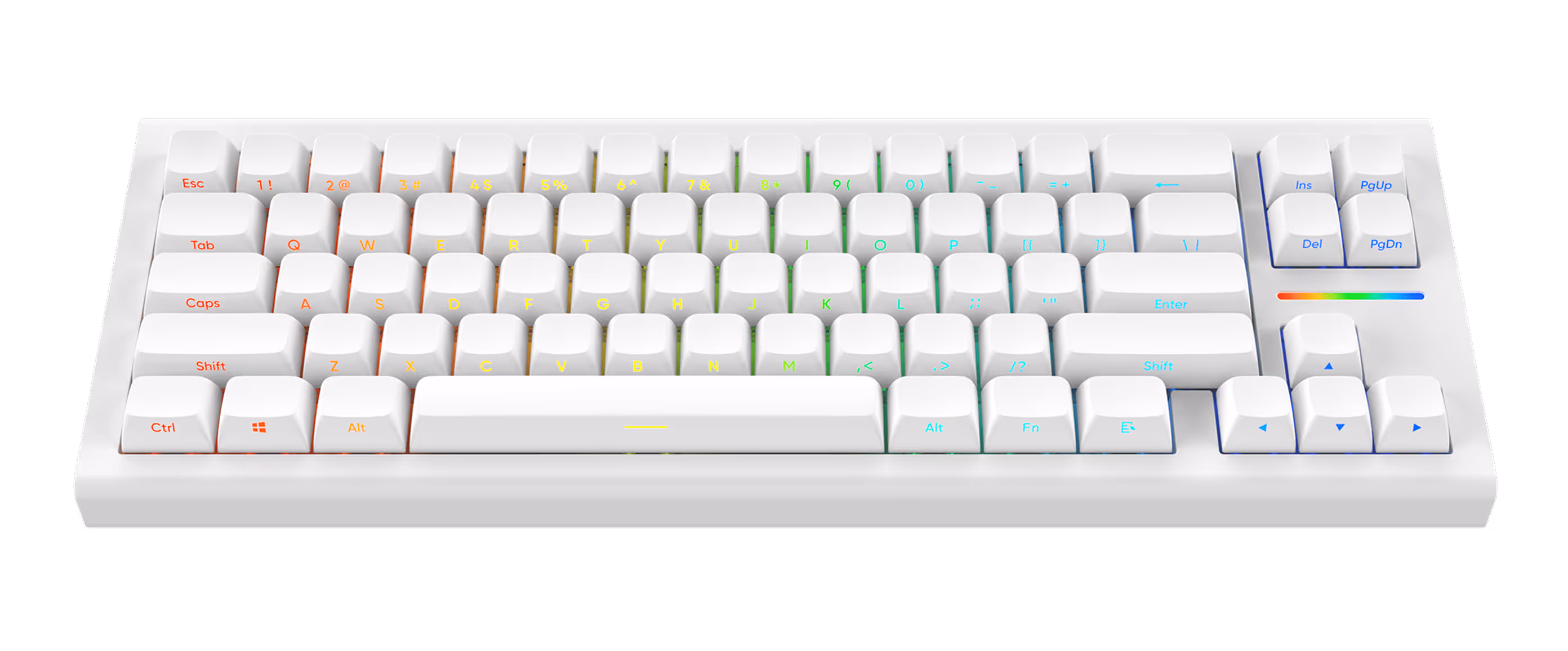 White mechanical keyboard with standard QWERTY layout and extra function keys on top and navigation keys on the right.