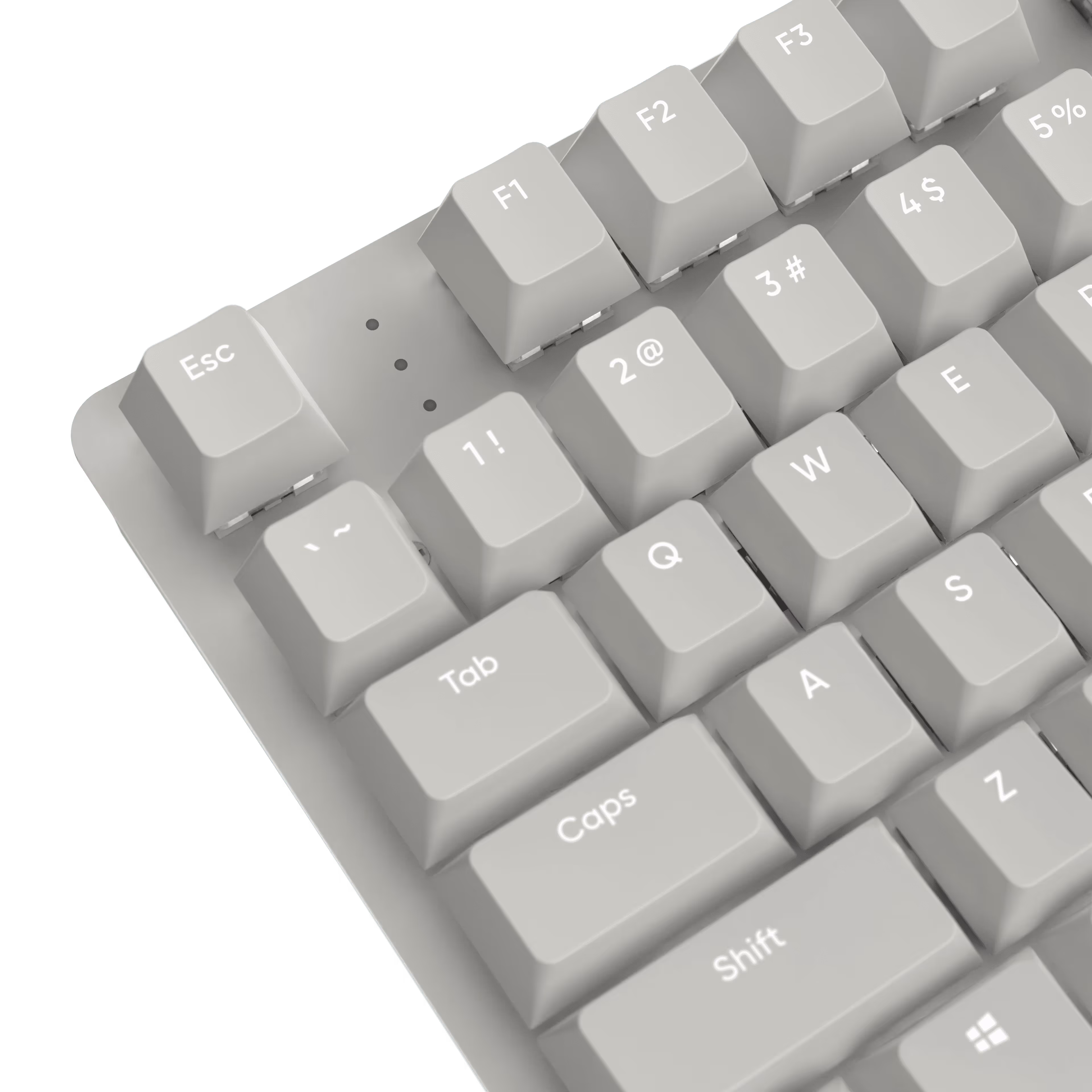 Close-up of a white mechanical keyboard showing Esc, Tab, Caps, Shift keys and part of the number and letter keys.