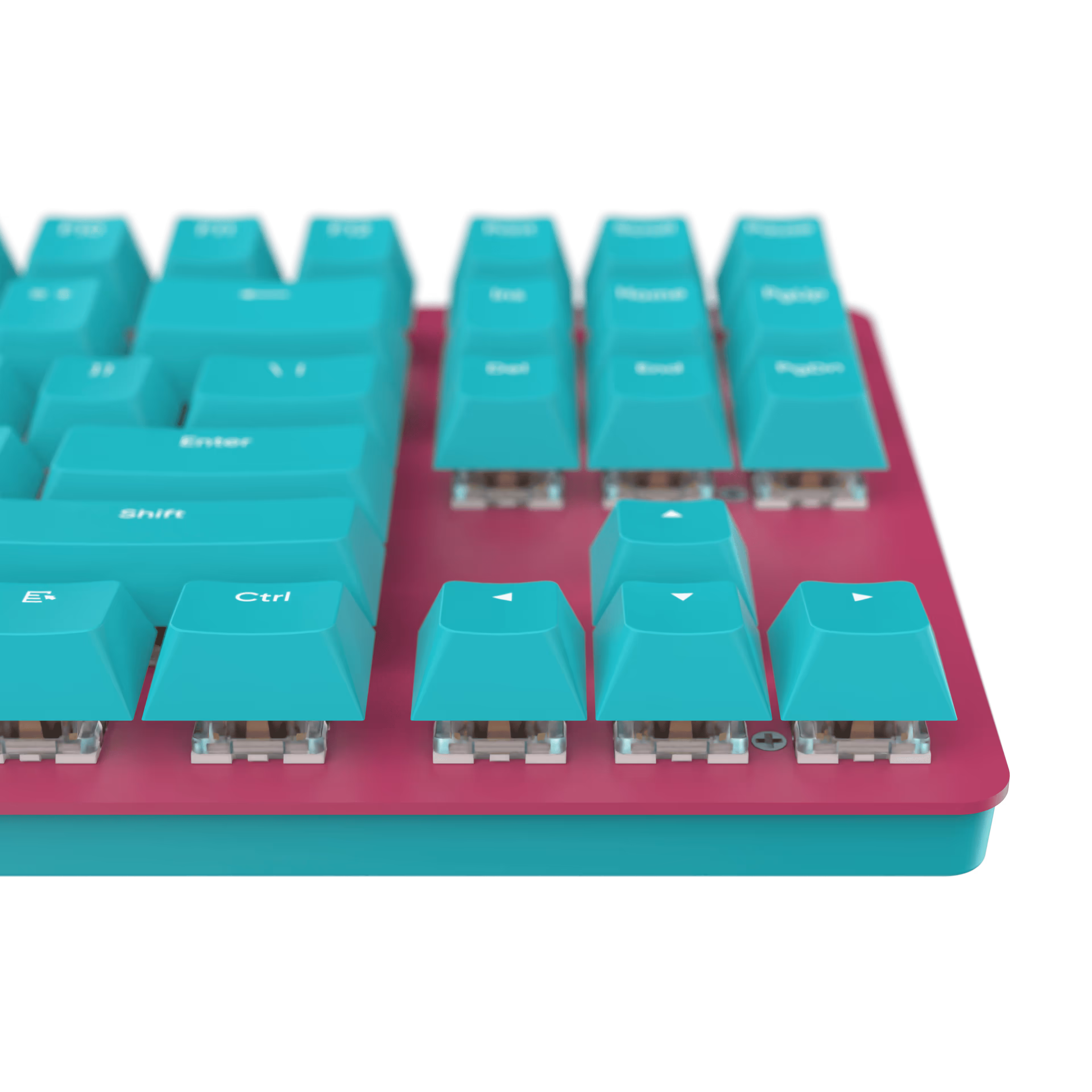 Close-up of a mechanical keyboard with turquoise keycaps and a magenta base, showing arrow and control keys.