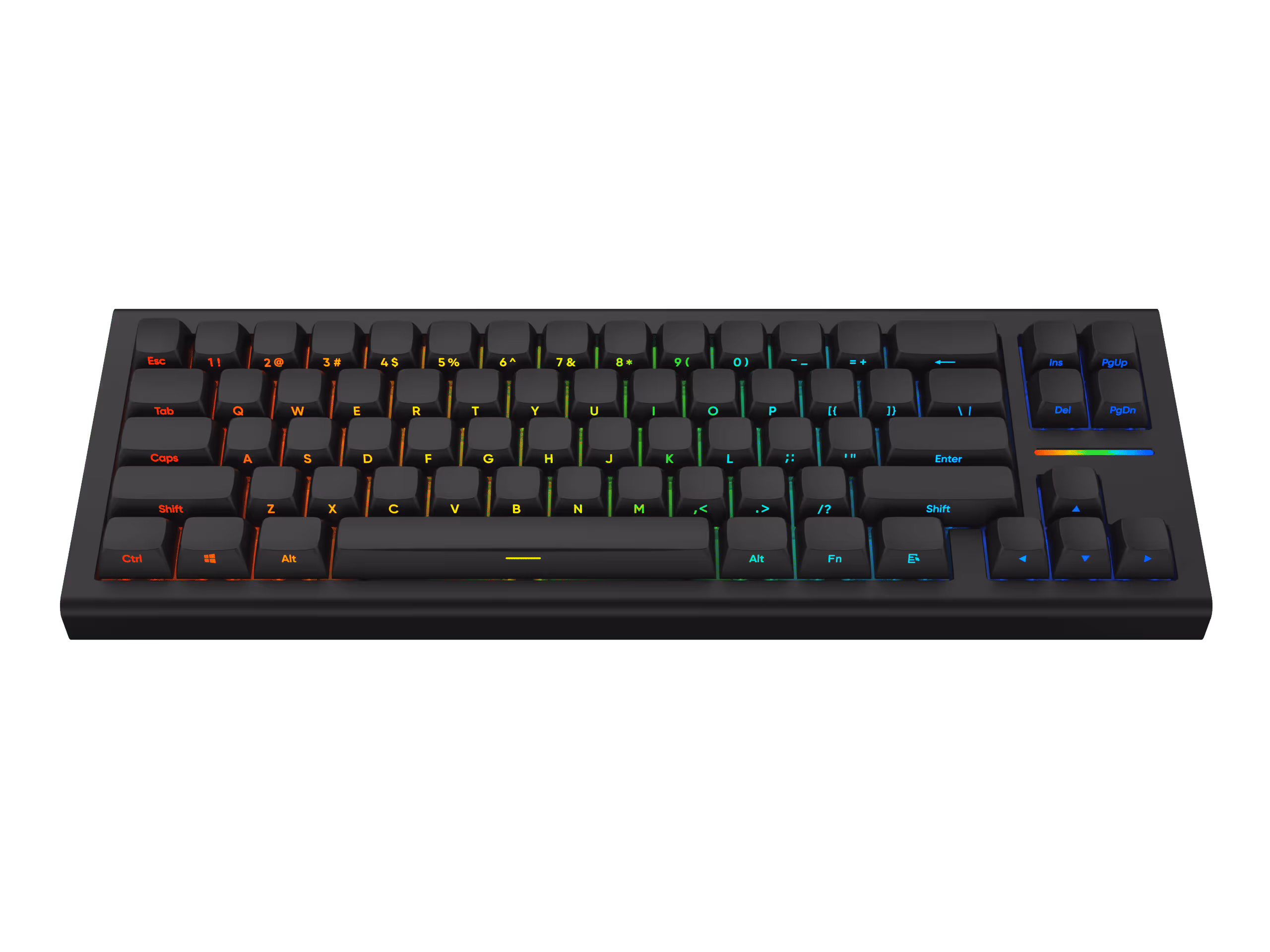 Compact mechanical keyboard with RGB backlit keys displaying a rainbow gradient.