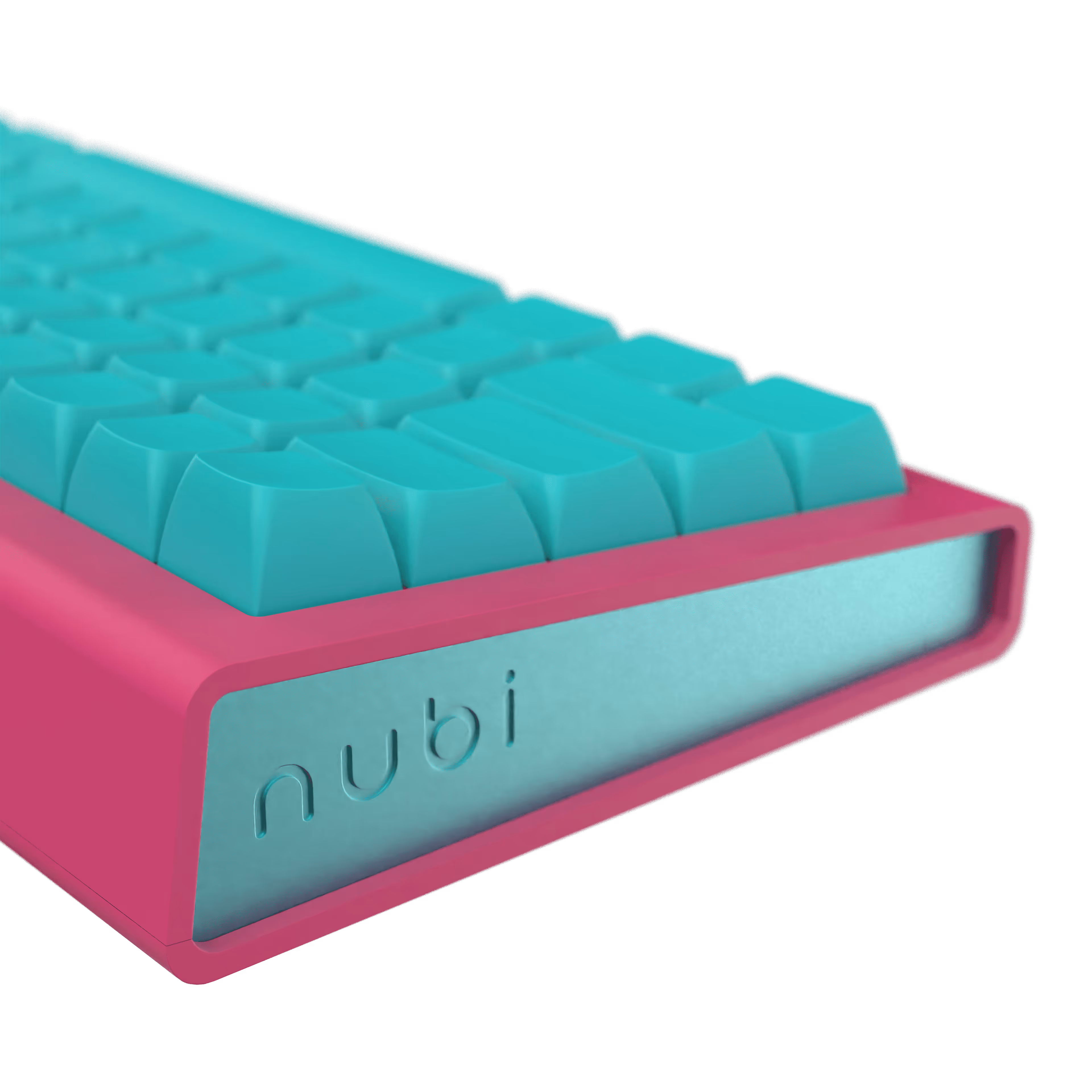 Close-up of a mechanical keyboard with turquoise keycaps and a pink case featuring a side panel engraved with 'nubi'.