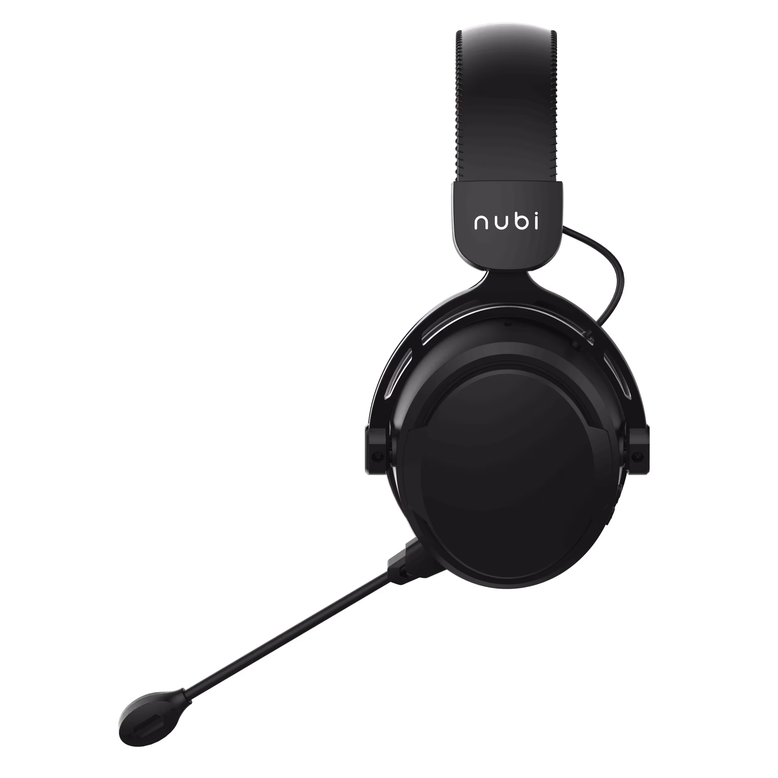 Black over-ear headset with a boom microphone and the brand name 'nubi' on the headband.