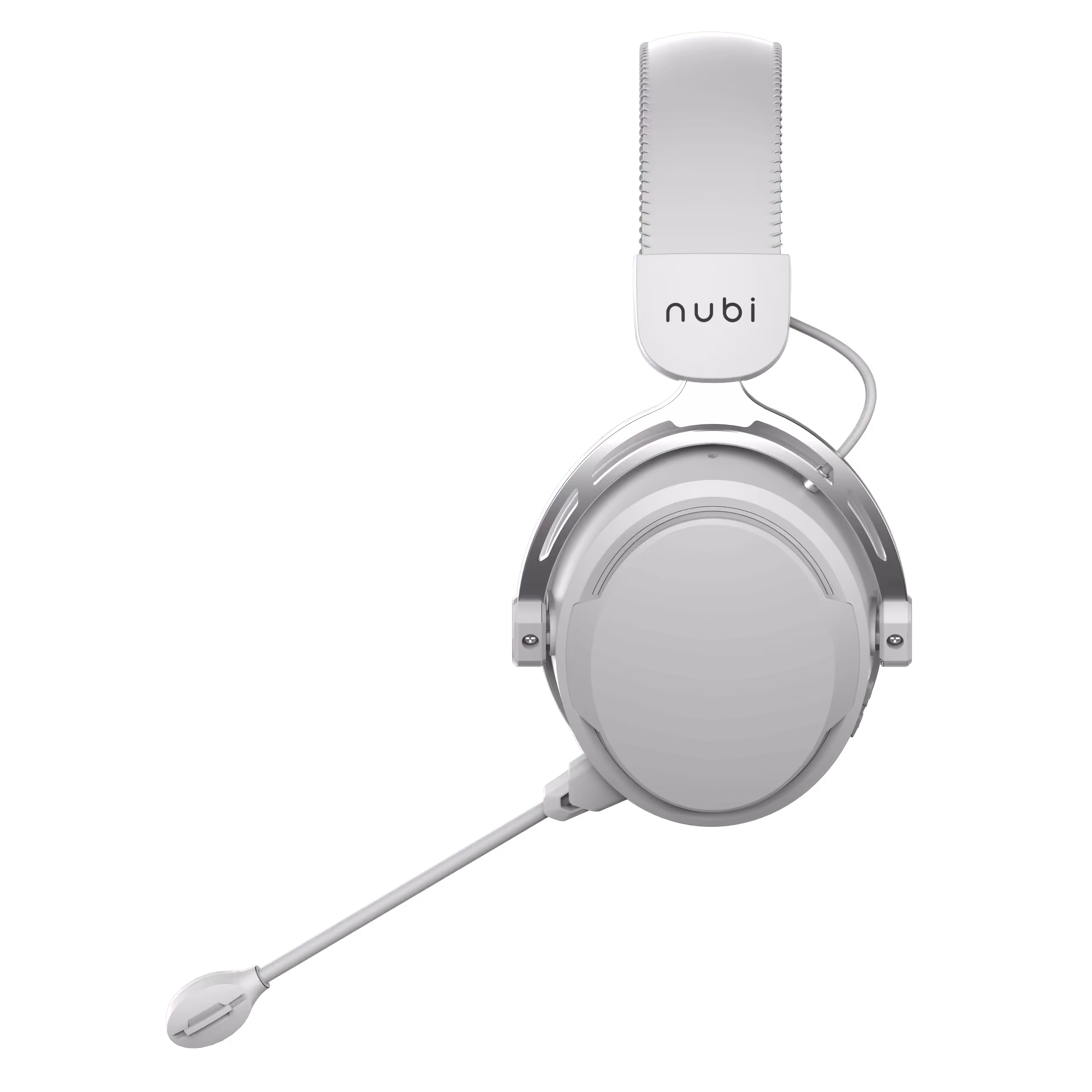 White over-ear headset with a built-in microphone and padded headband labeled 'nubi'.