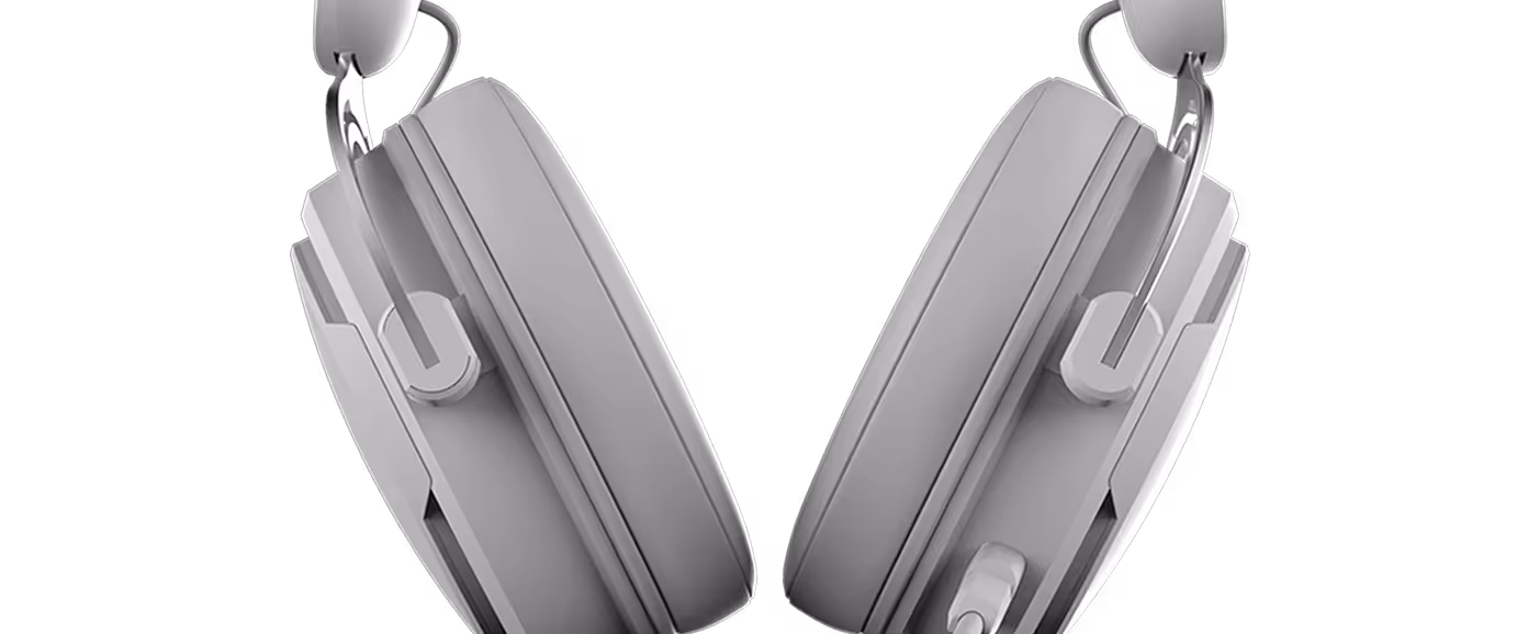 Close-up of gray over-ear headphones with padded ear cups against a black background.