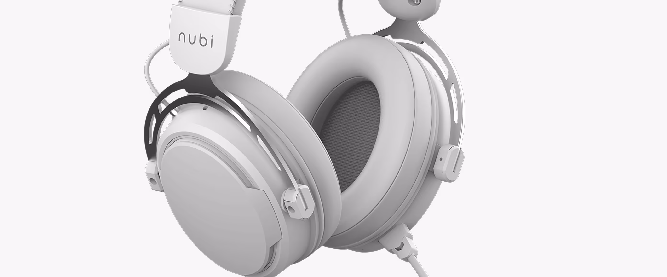 Over-ear headphones with thick cushioned ear pads and metal frame, branded with 'nubi' on the headband.