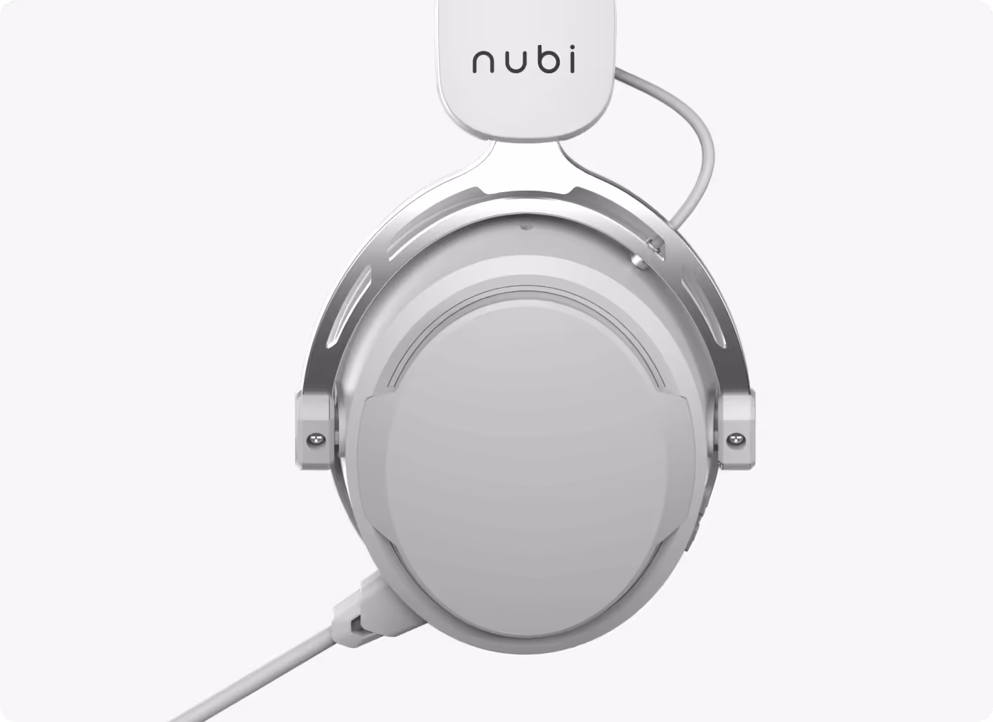Close-up of a gray over-ear headphone with the brand name 'nubi' on the headband.