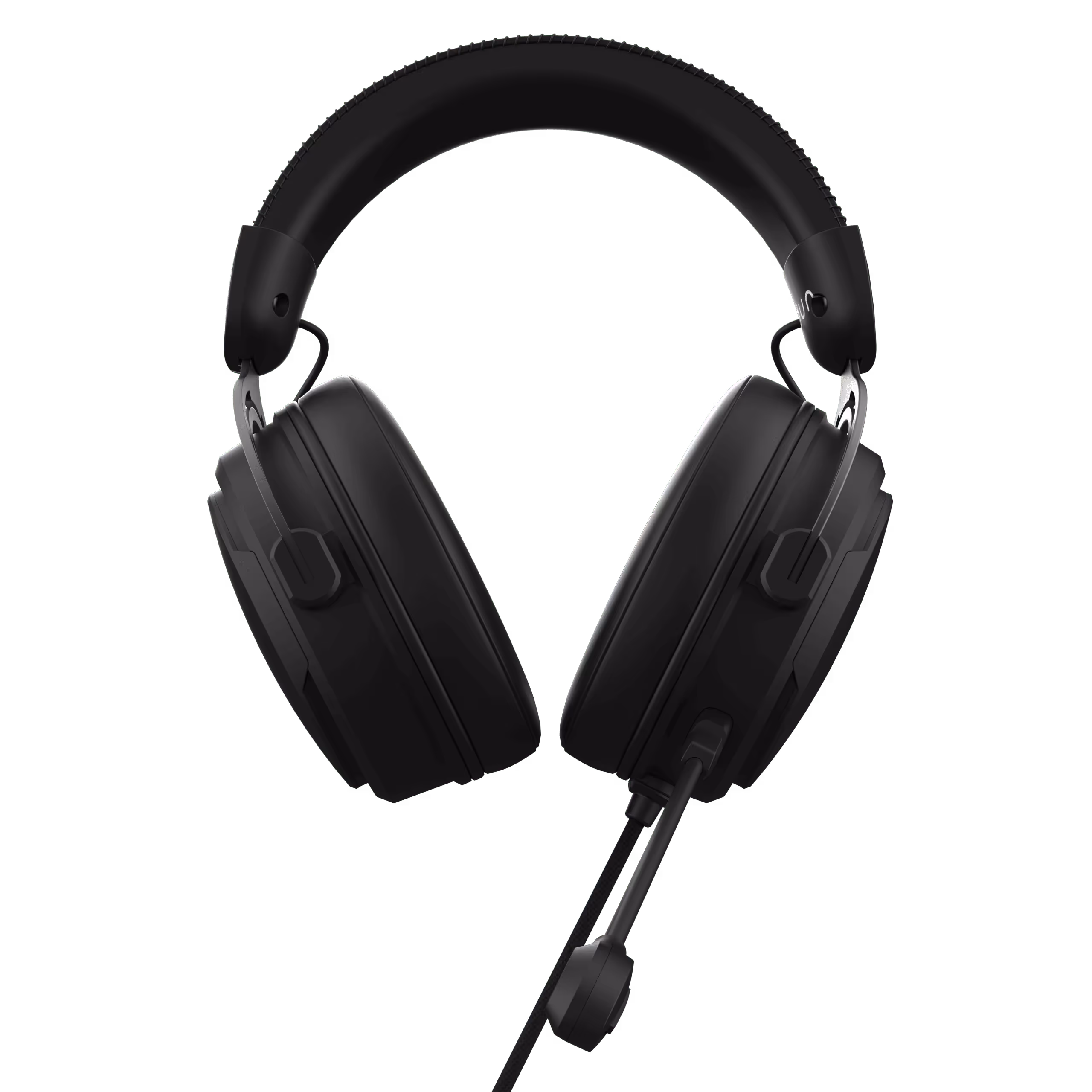 Black over-ear gaming headset with cushioned ear cups and an attached microphone.