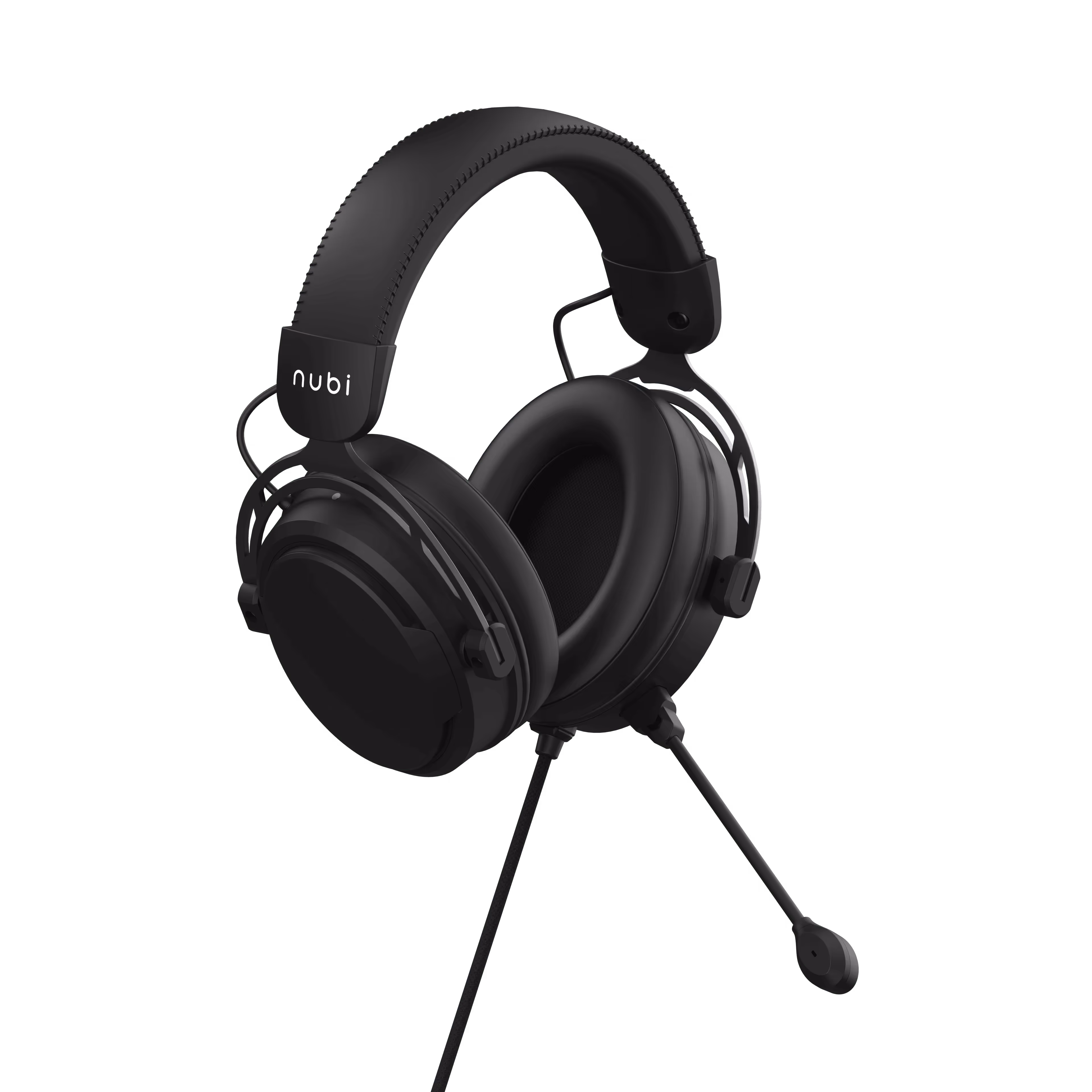 Black over-ear gaming headset with cushioned ear cups and attached adjustable microphone.