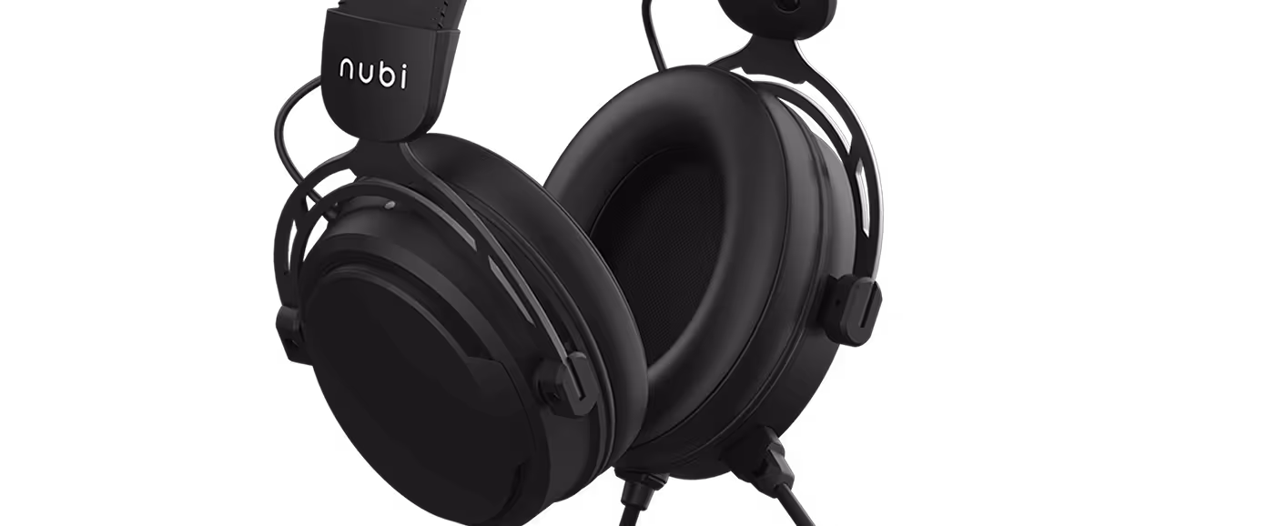 Close-up of black Nubi over-ear headphones with padded ear cups and adjustable headband on a black background.