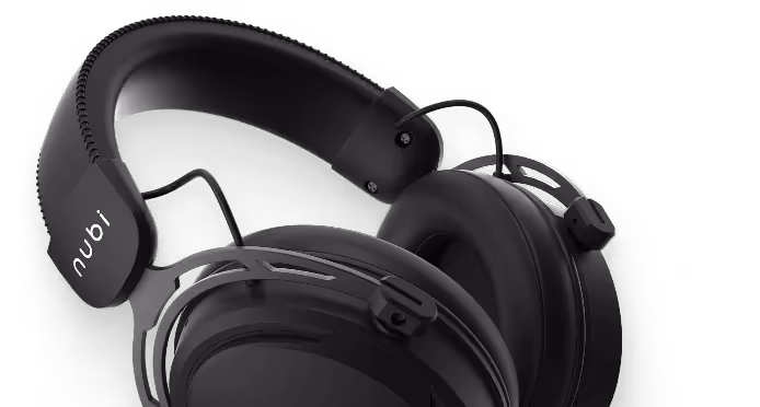 Black over-ear headphones with cushioned ear cups and headband labeled 'nubi'.