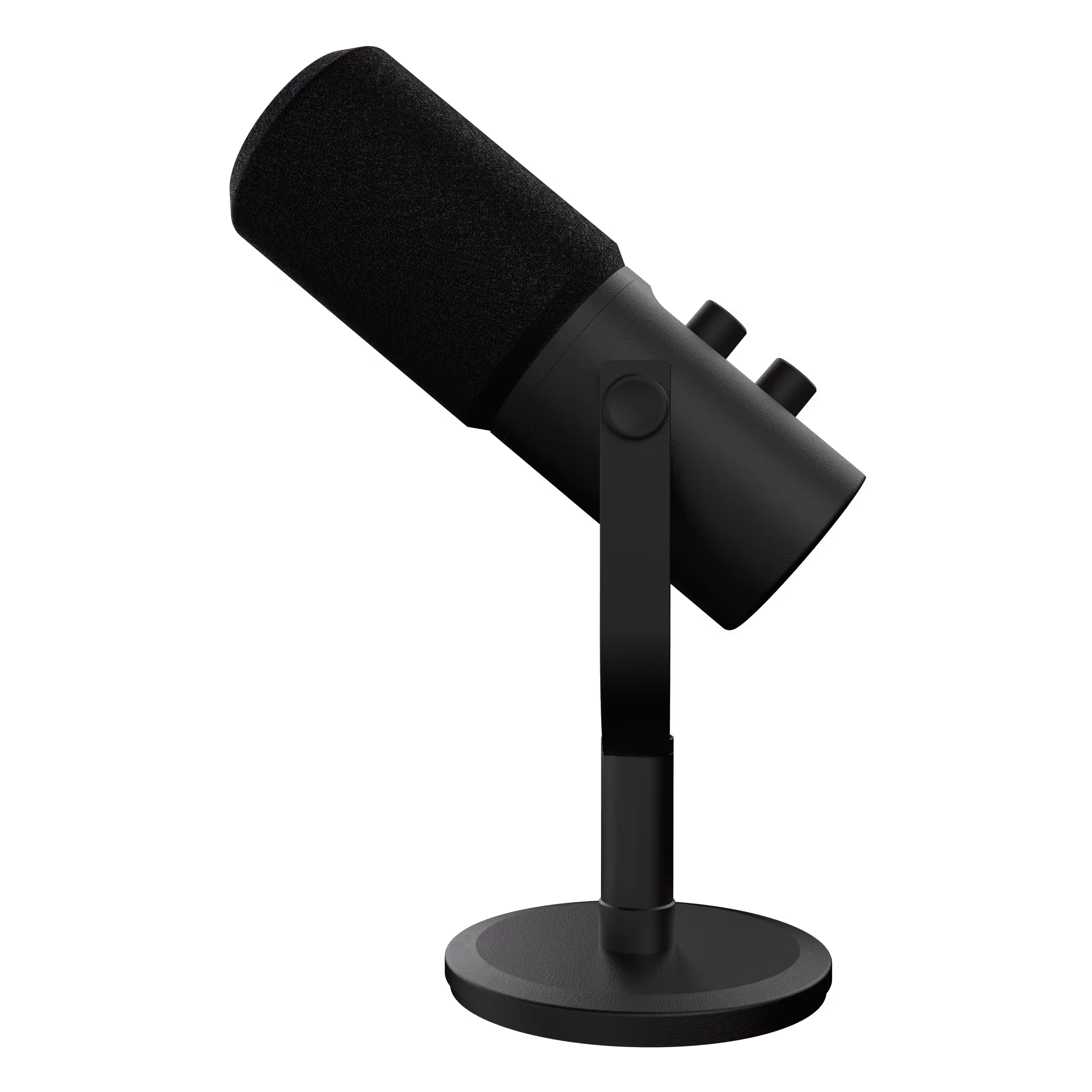 Black desktop microphone with foam windscreen on adjustable stand against transparent background.
