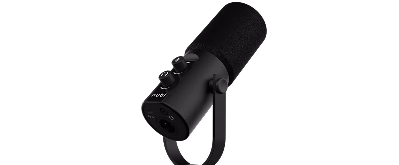 Black studio microphone with two control knobs mounted on an adjustable stand against a black background.