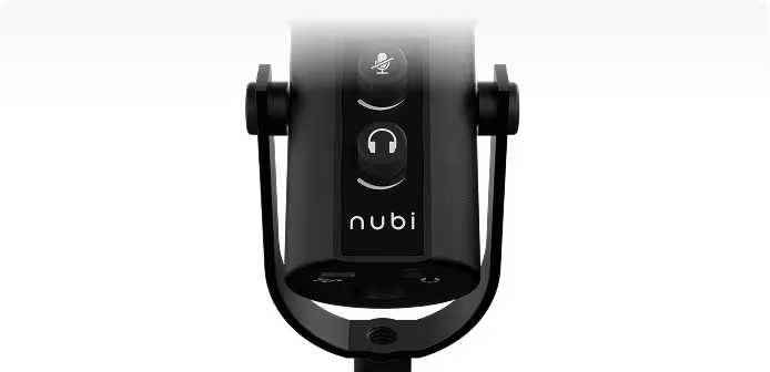 Close-up of a black Nubi microphone showing mute and headphone buttons on the front.