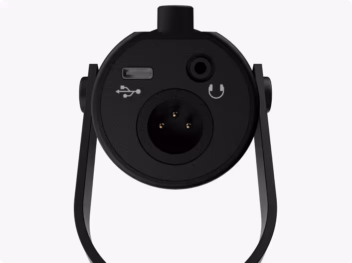 Rear view of a black microphone showing USB port, 3.5mm headphone jack, and an XLR connector.