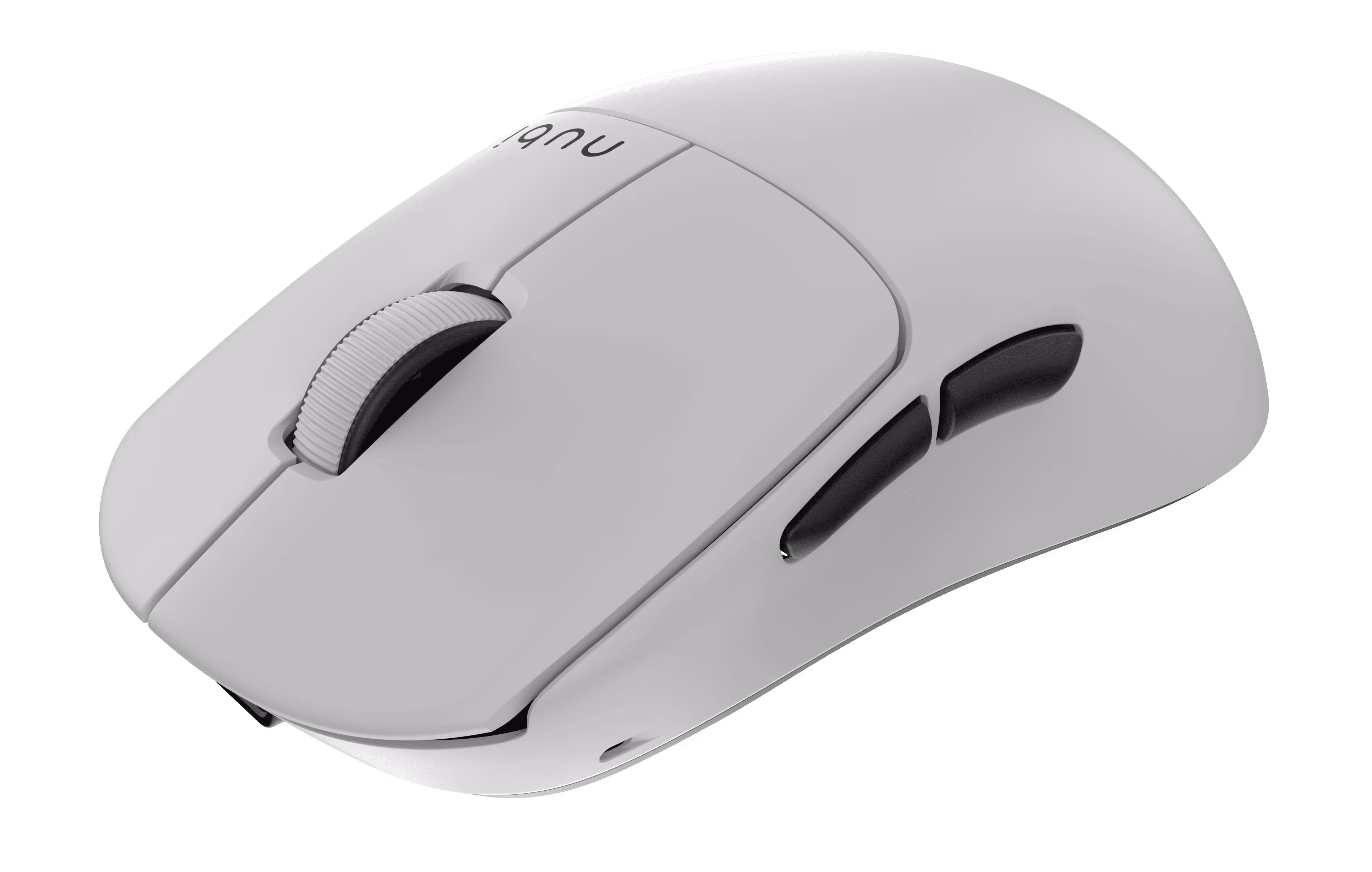 White wireless computer mouse with a textured scroll wheel and two black side buttons.