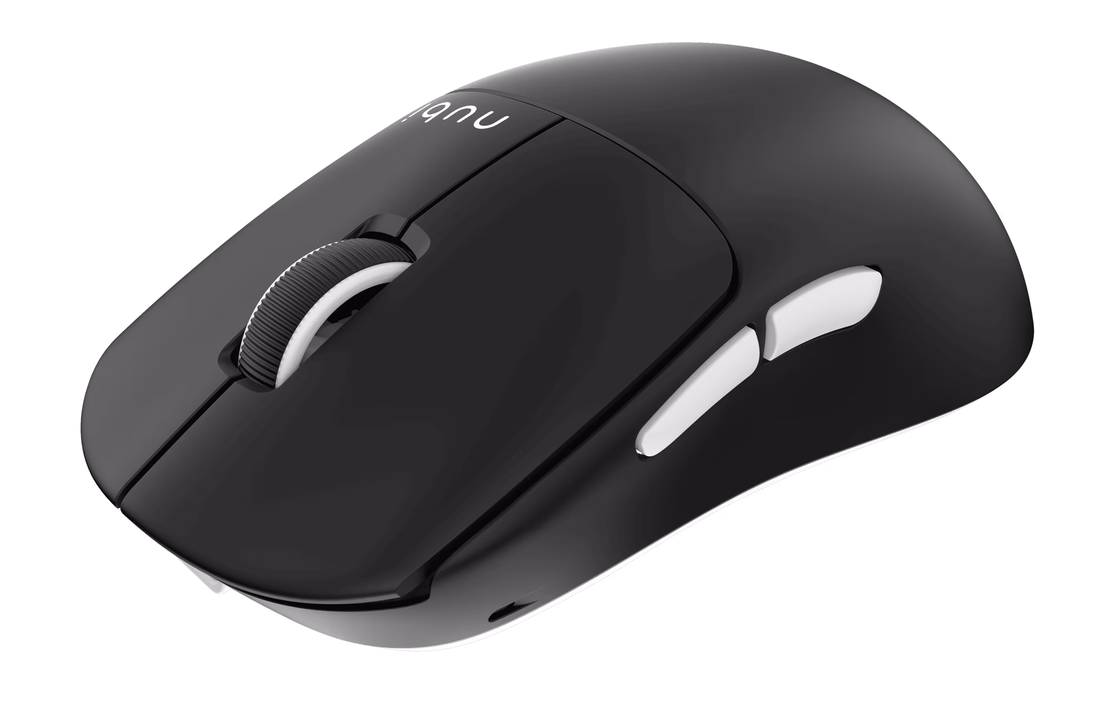 Black wireless computer mouse with white side buttons and a textured scroll wheel.