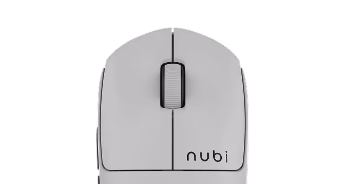Top view of a white computer mouse with the brand name 'nubi' near the bottom right button.