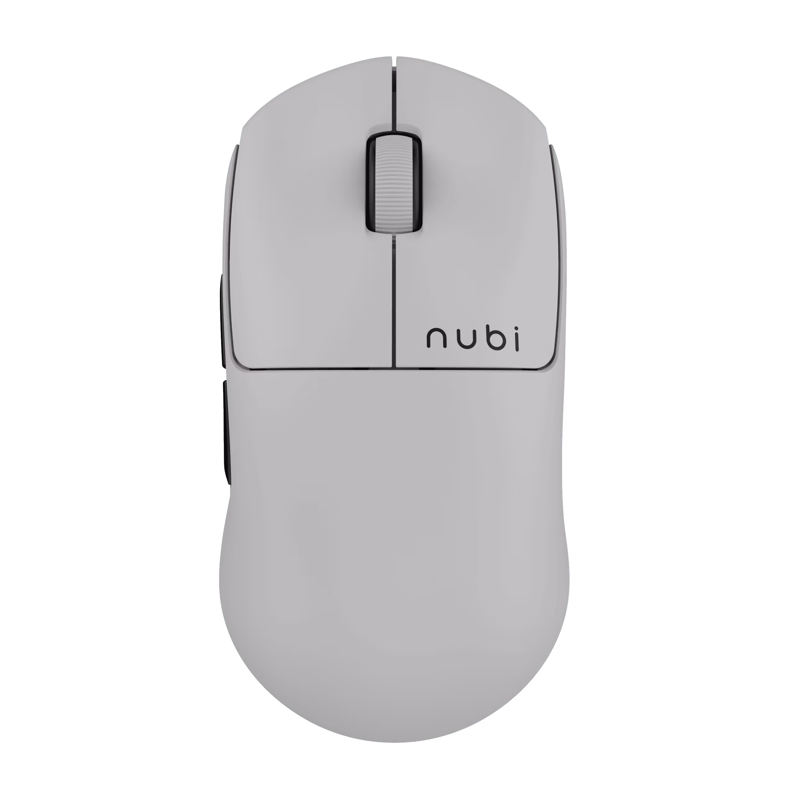 Top view of a white wireless computer mouse with a scroll wheel and 'nubi' branding.
