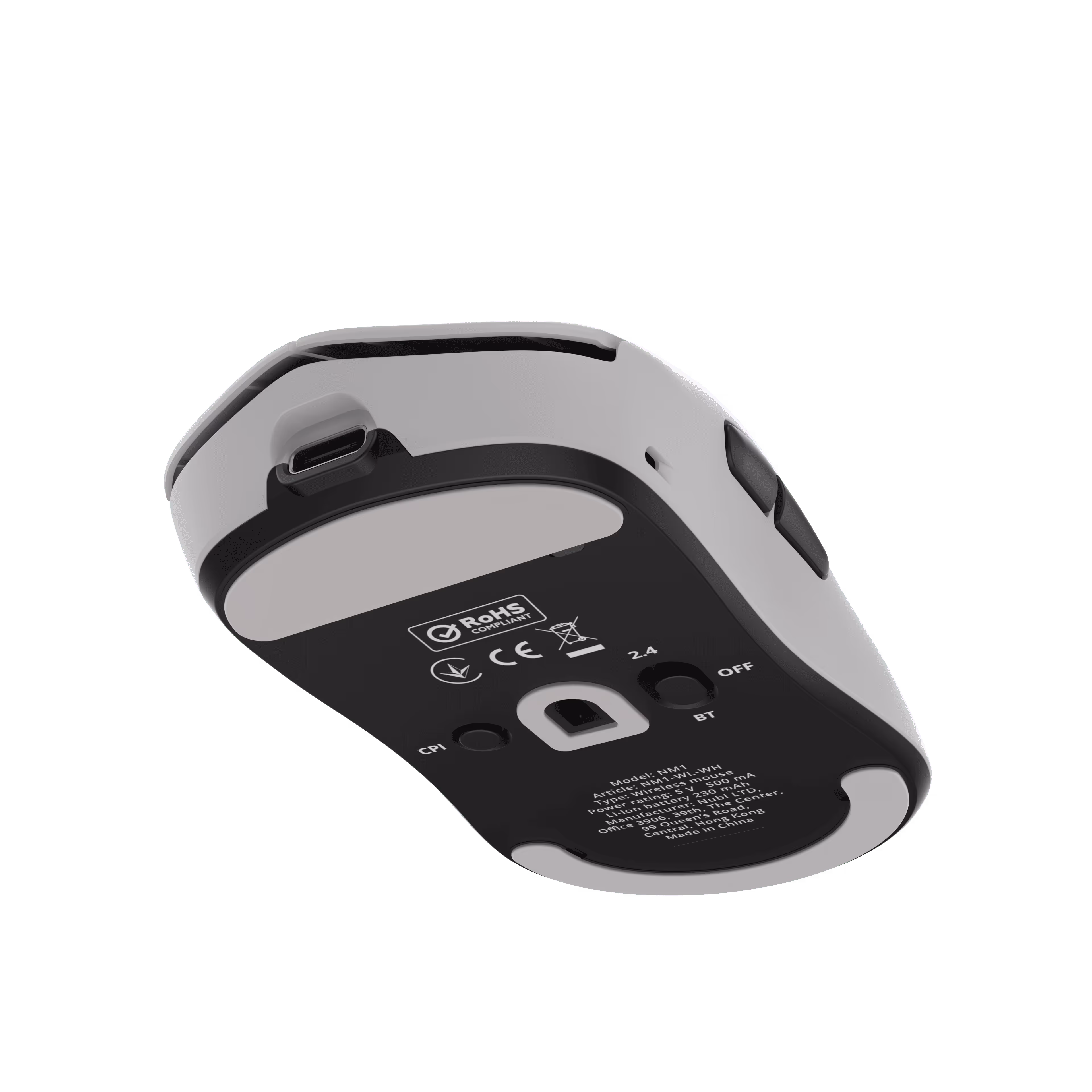 Bottom view of a white and black wireless computer mouse showing power switch, USB-C charging port, and certification labels.