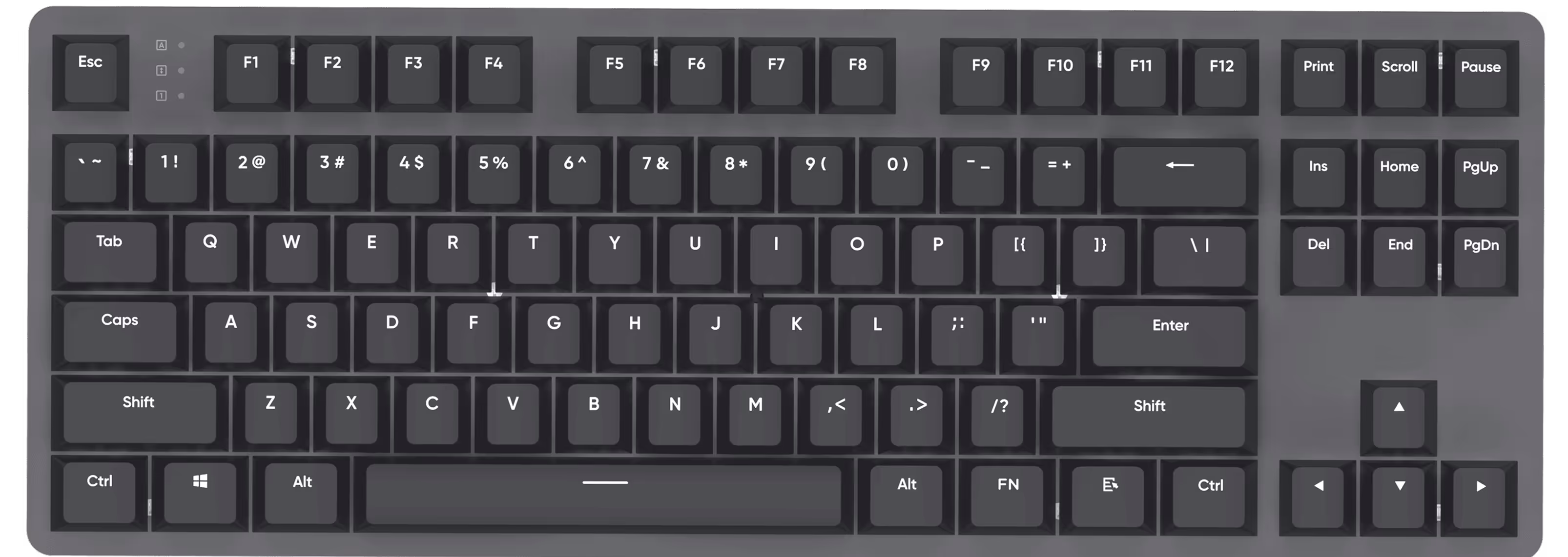 Full-size black computer keyboard with white letters and standard key layout including function keys, arrow keys, and navigation cluster.