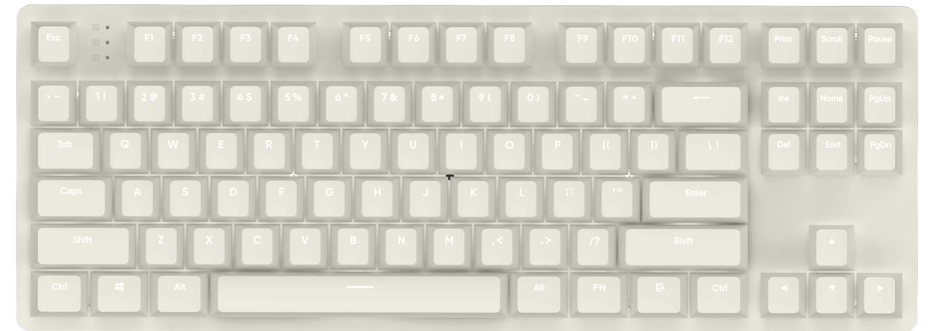 Full-size computer keyboard with white backlit keys including function keys, alphanumeric keys, navigation keys, and arrow keys.