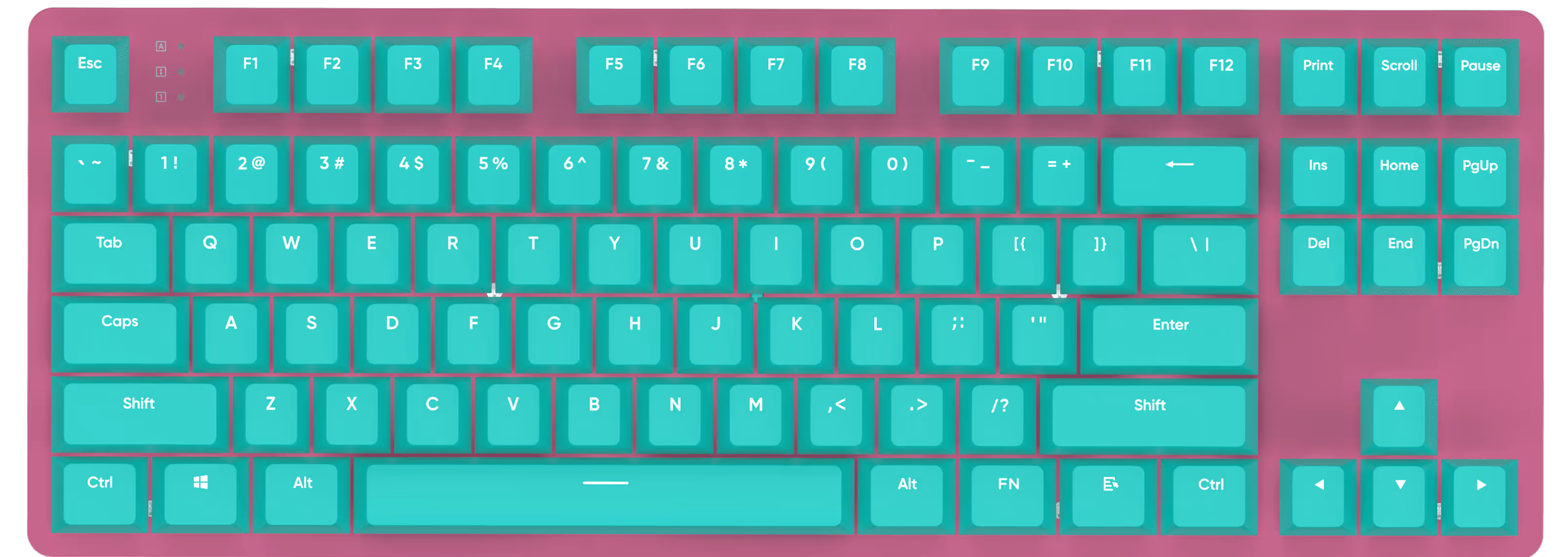 Full QWERTY keyboard with teal keys and white lettering on a magenta background.