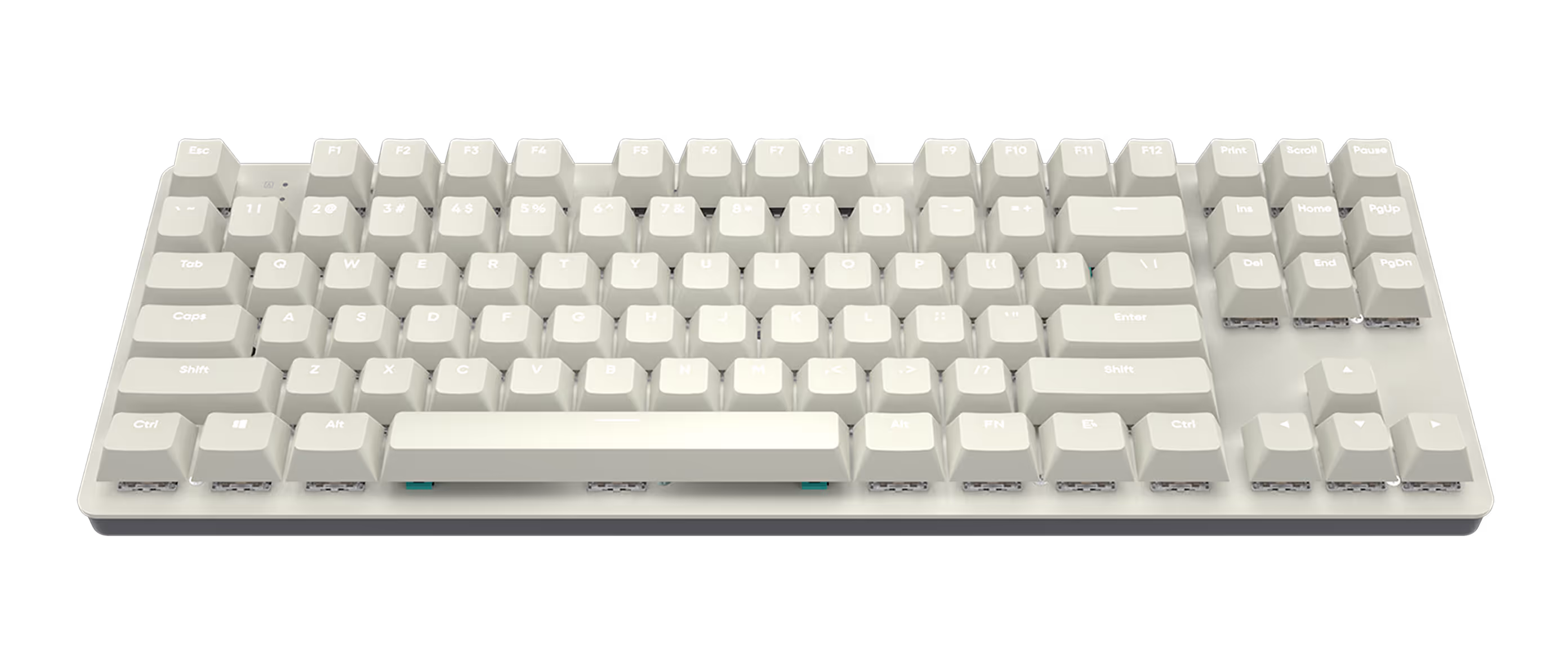 White mechanical keyboard with a full layout including function keys and arrow keys on a black background.