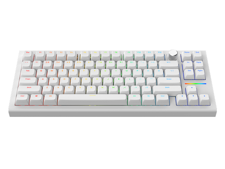 White mechanical keyboard with colorful backlit keys and turquoise keycaps on the Escape, spacebar, and right Shift keys.