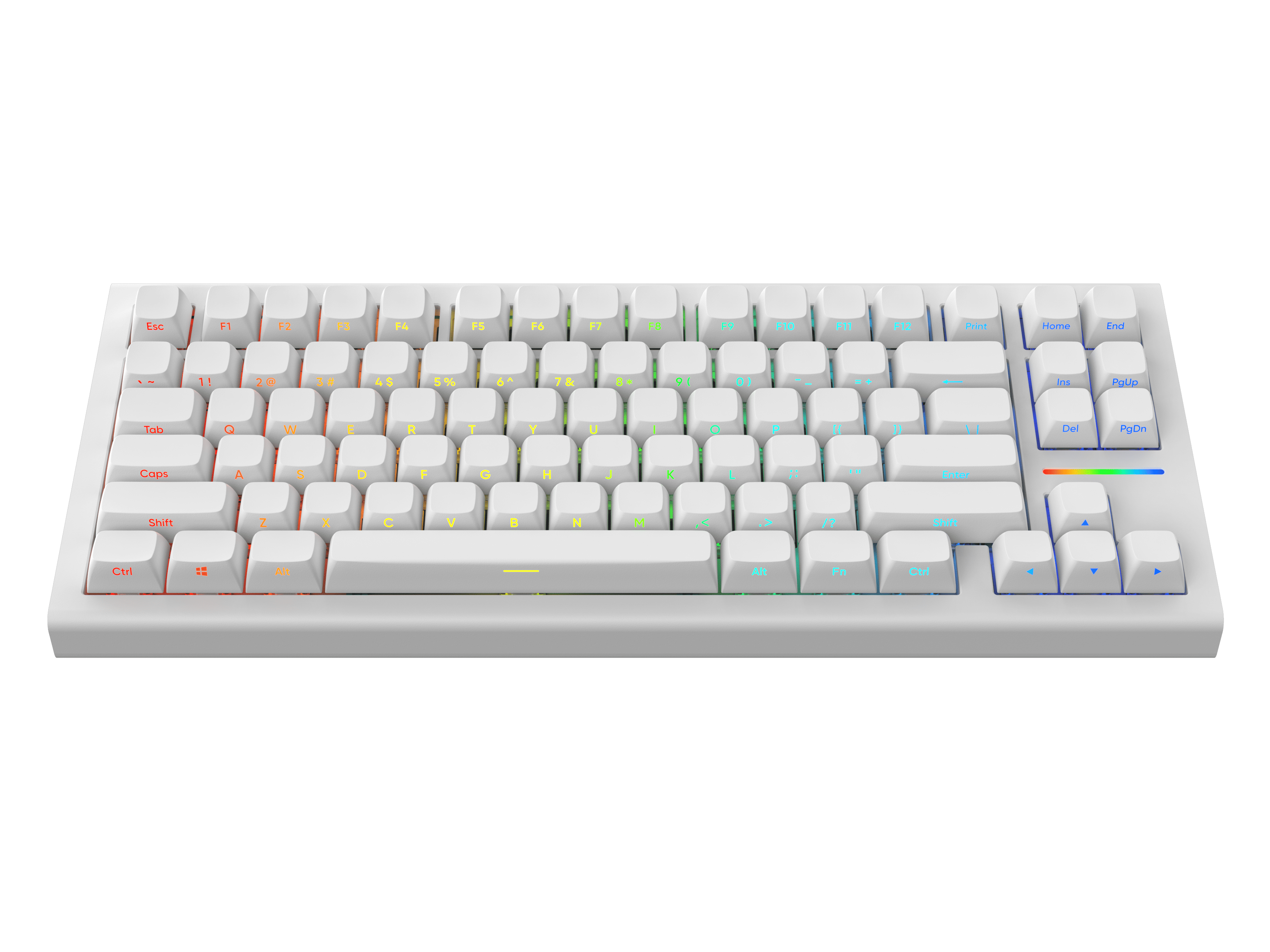 White mechanical keyboard with colorful backlit keys and turquoise keycaps on the Escape, spacebar, and right Shift keys.