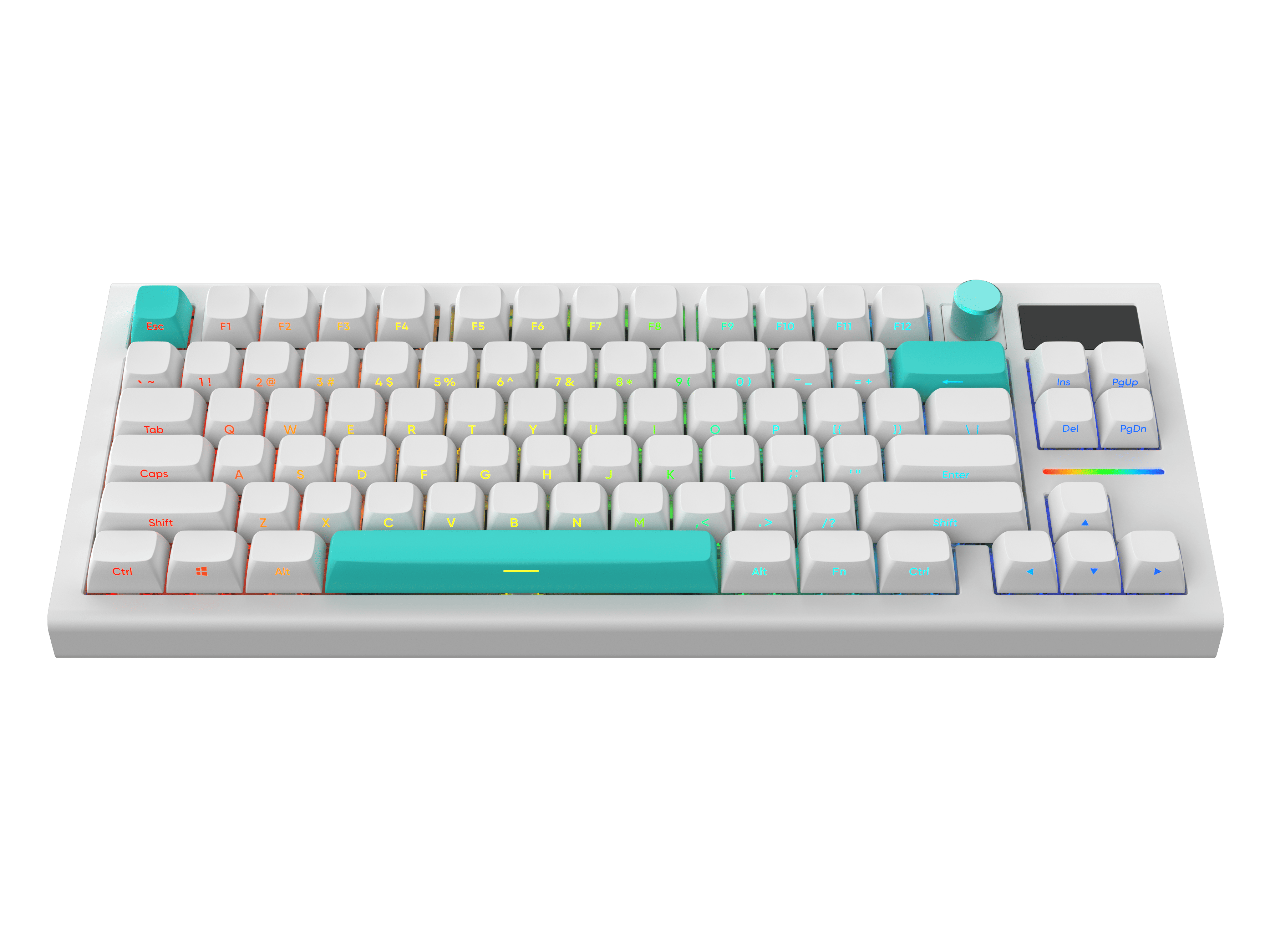 White mechanical keyboard with colorful backlit keys and turquoise keycaps on the Escape, spacebar, and right Shift keys.