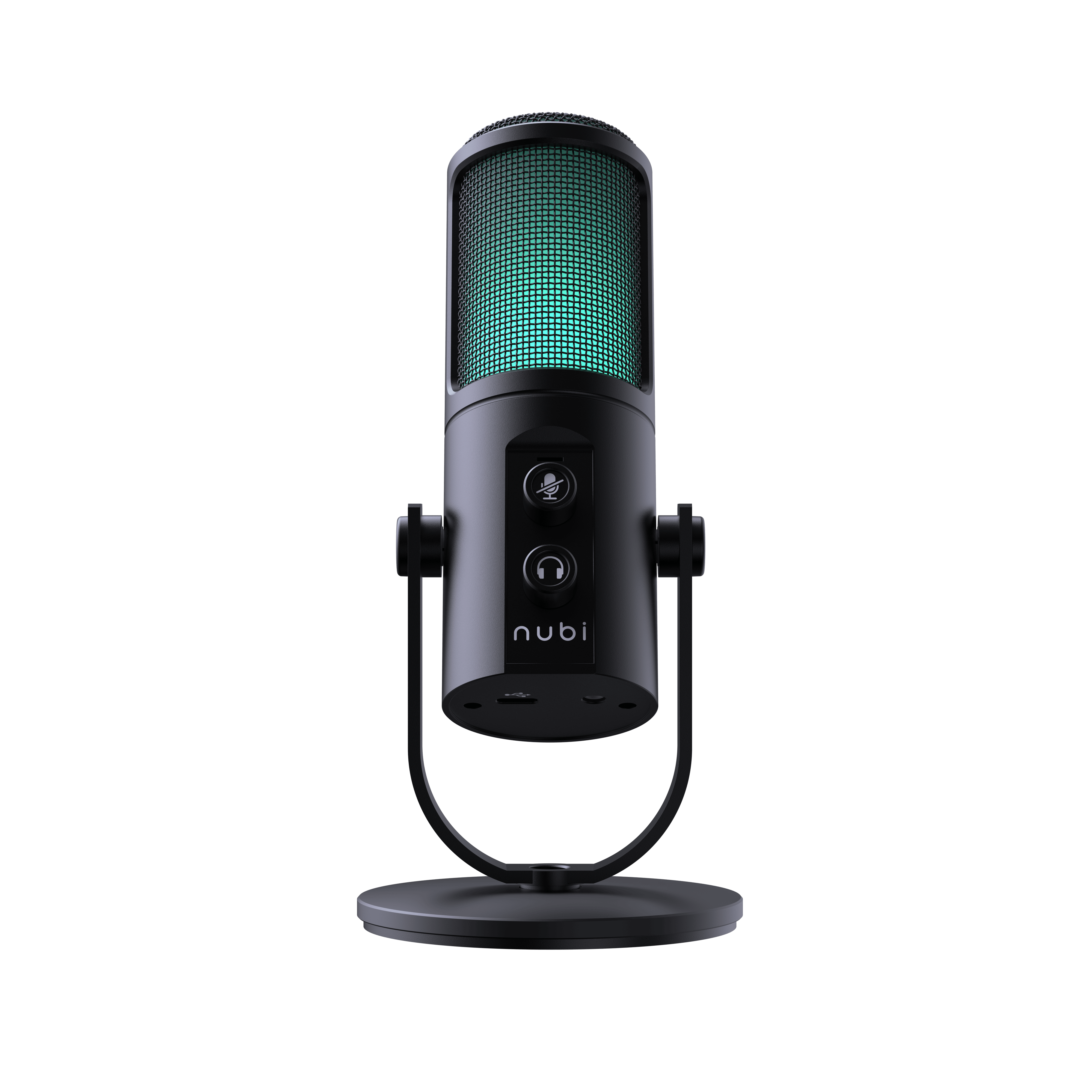 Black Nubi desktop microphone with mute and headphone buttons on a round base stand against a black background.