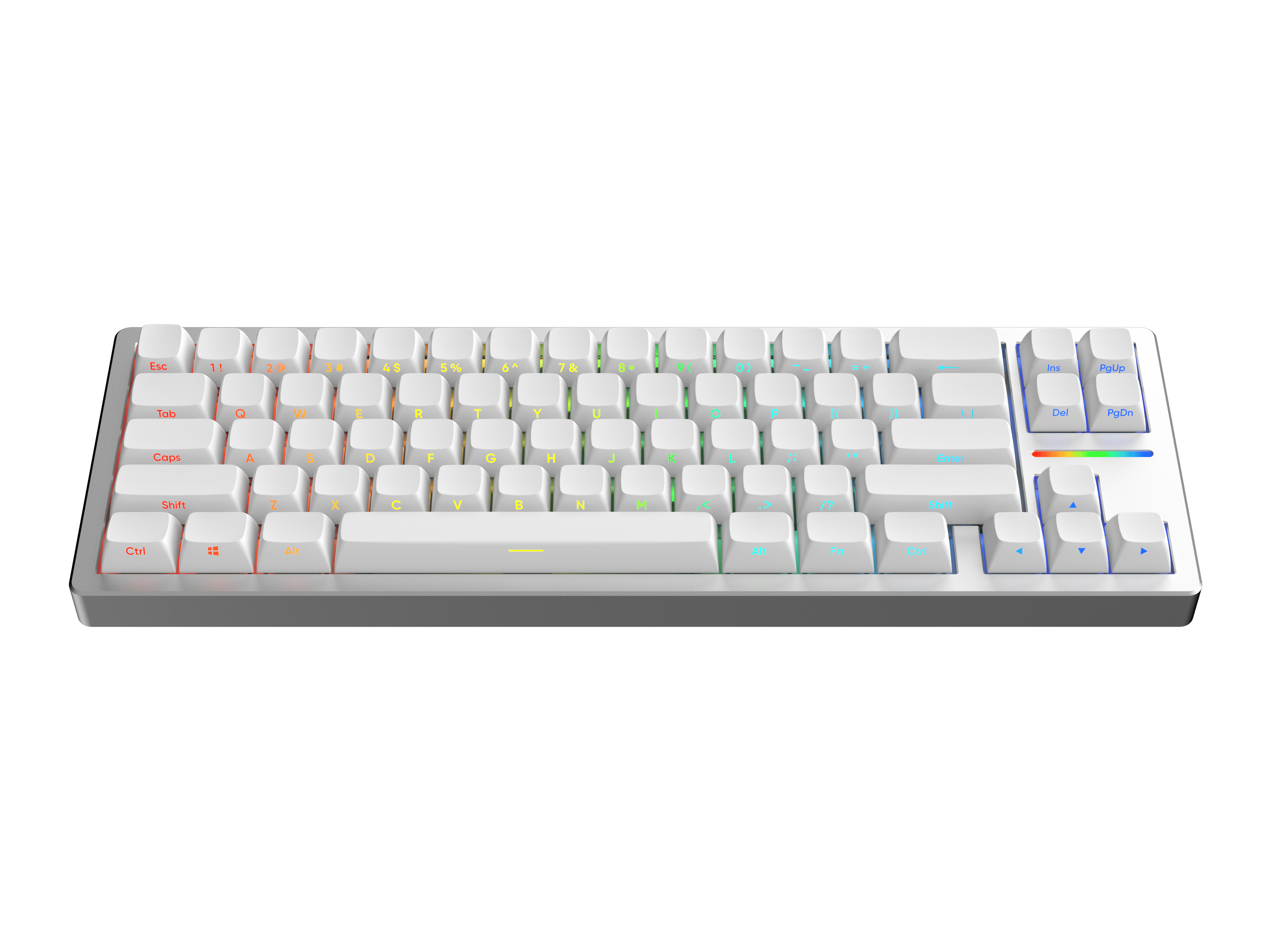 White mechanical keyboard with colorful backlit keys and turquoise keycaps on the Escape, spacebar, and right Shift keys.